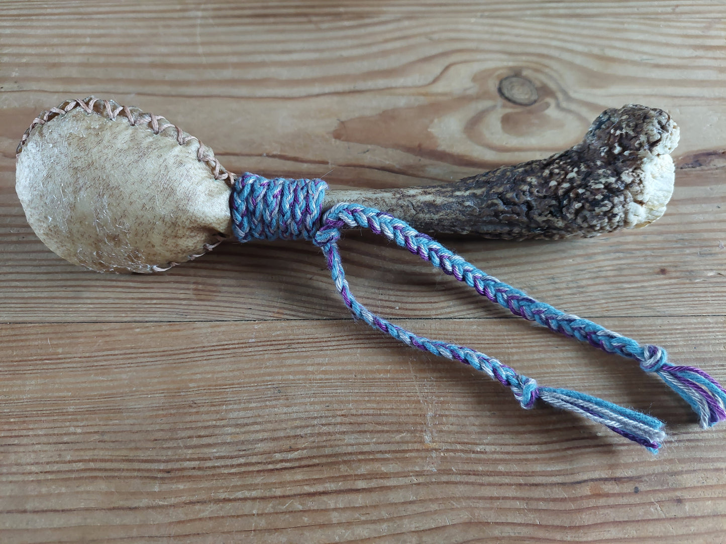 Goat hide and roe deer antler rattle