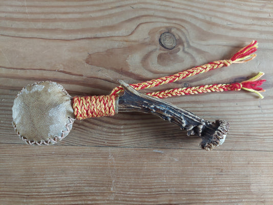 Goat hide and roe deer antler rattle