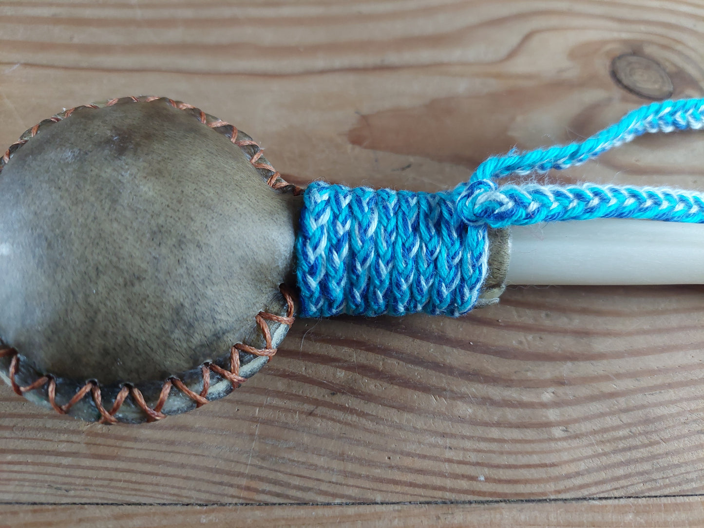 Yak hide and roe deer leg bone rattle