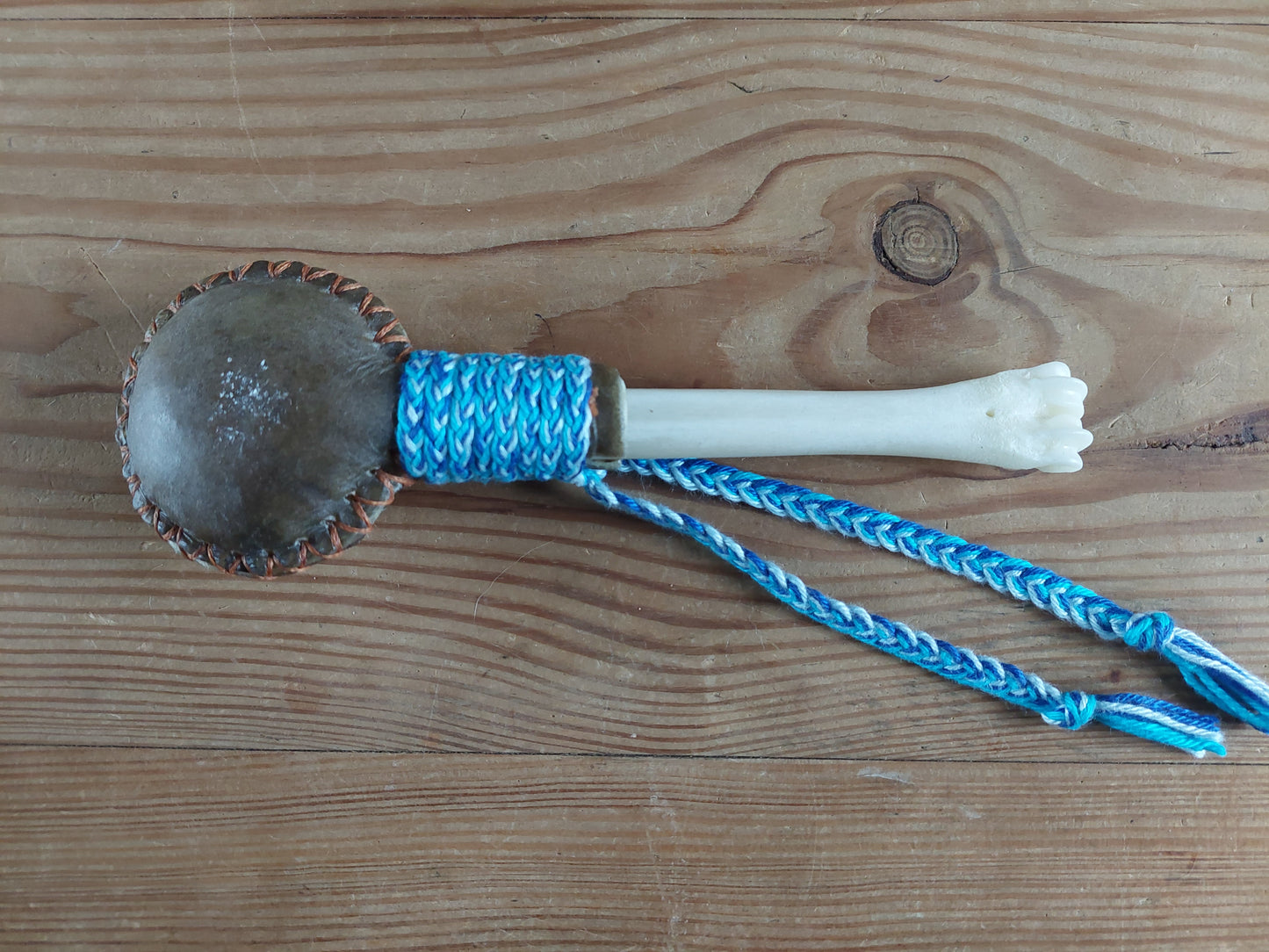 Yak hide and roe deer leg bone rattle