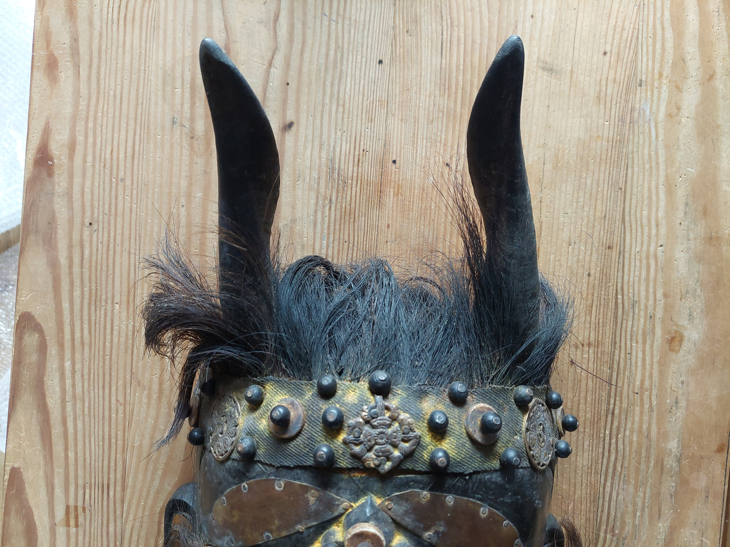 Vintage wooden wrathful spirit mask with beads, metal plating and yak hair #2