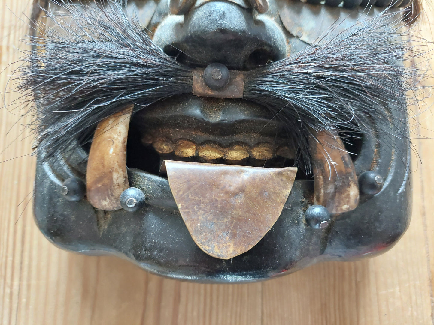Vintage wooden wrathful spirit mask with beads, metal plating and yak hair #2