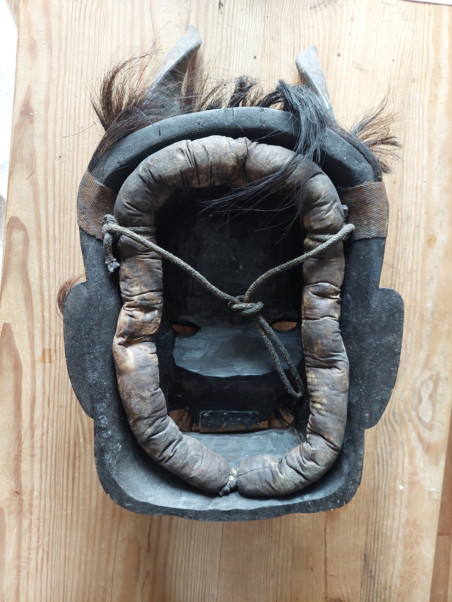Vintage wooden wrathful spirit mask with beads, metal plating and yak hair #2