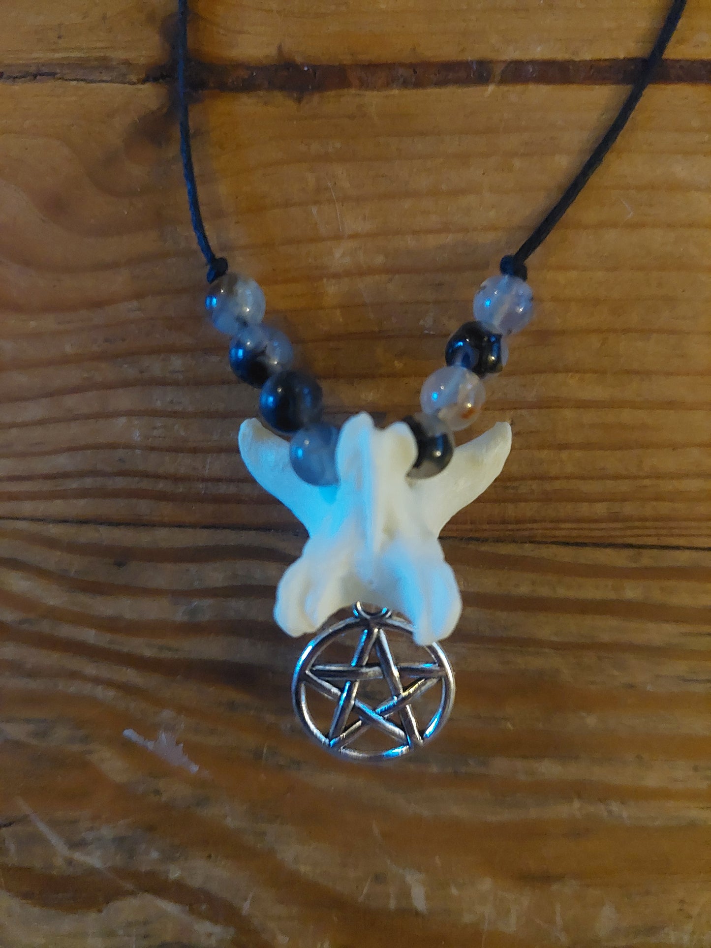 Fox vertebra with dragon veins agate and pentagram pendant amulet necklace