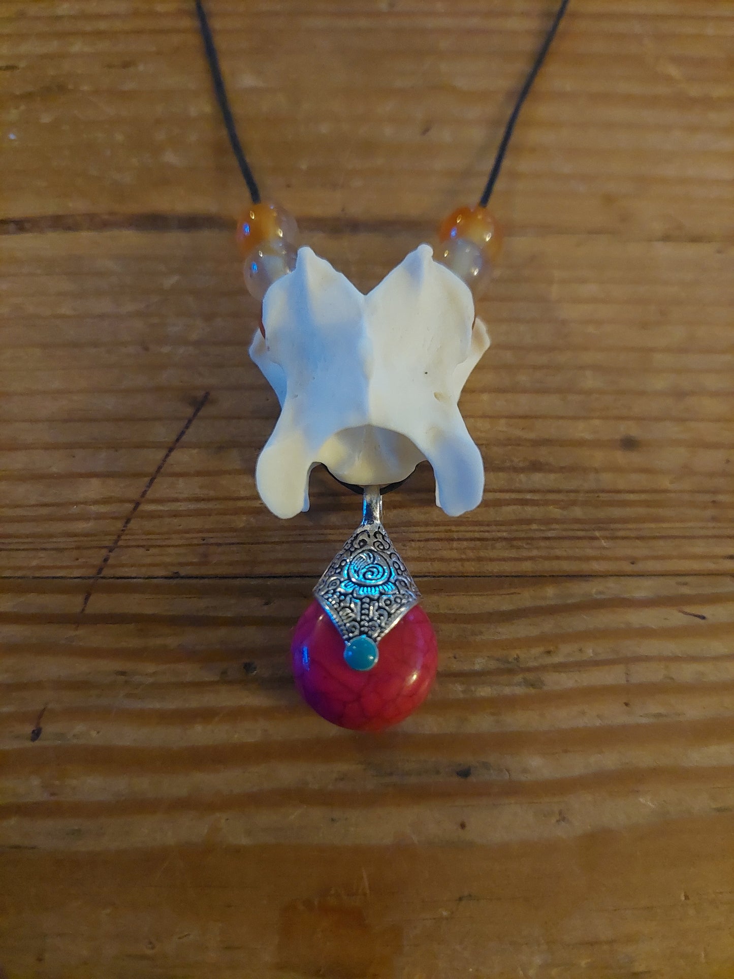 Fox vertebra with carnelion beads and howlite pendant amulet necklace