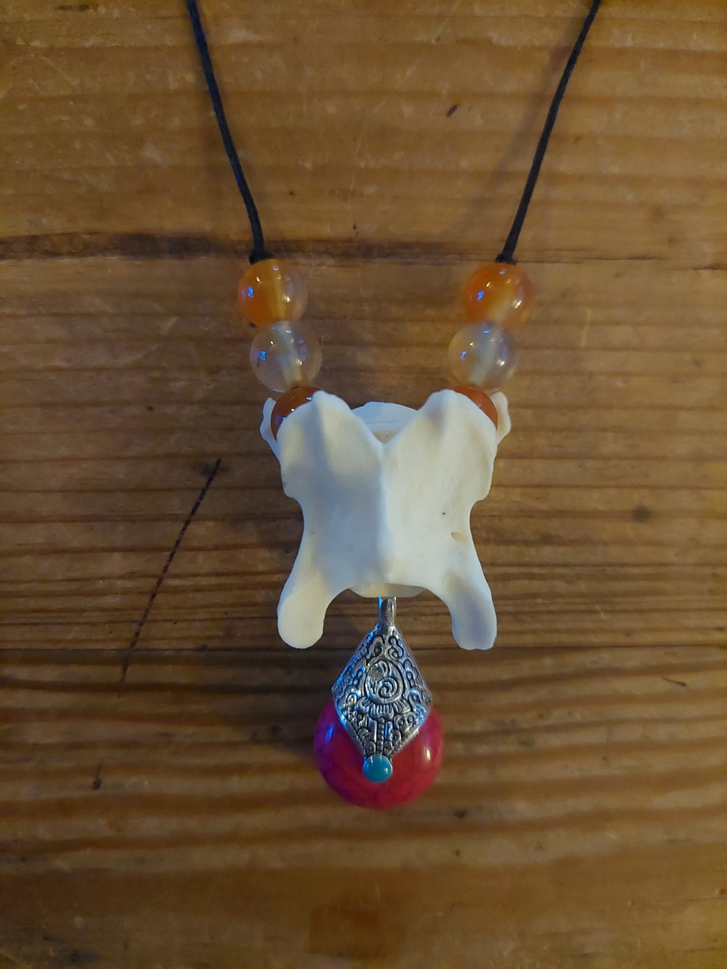 Fox vertebra with carnelion beads and howlite pendant amulet necklace