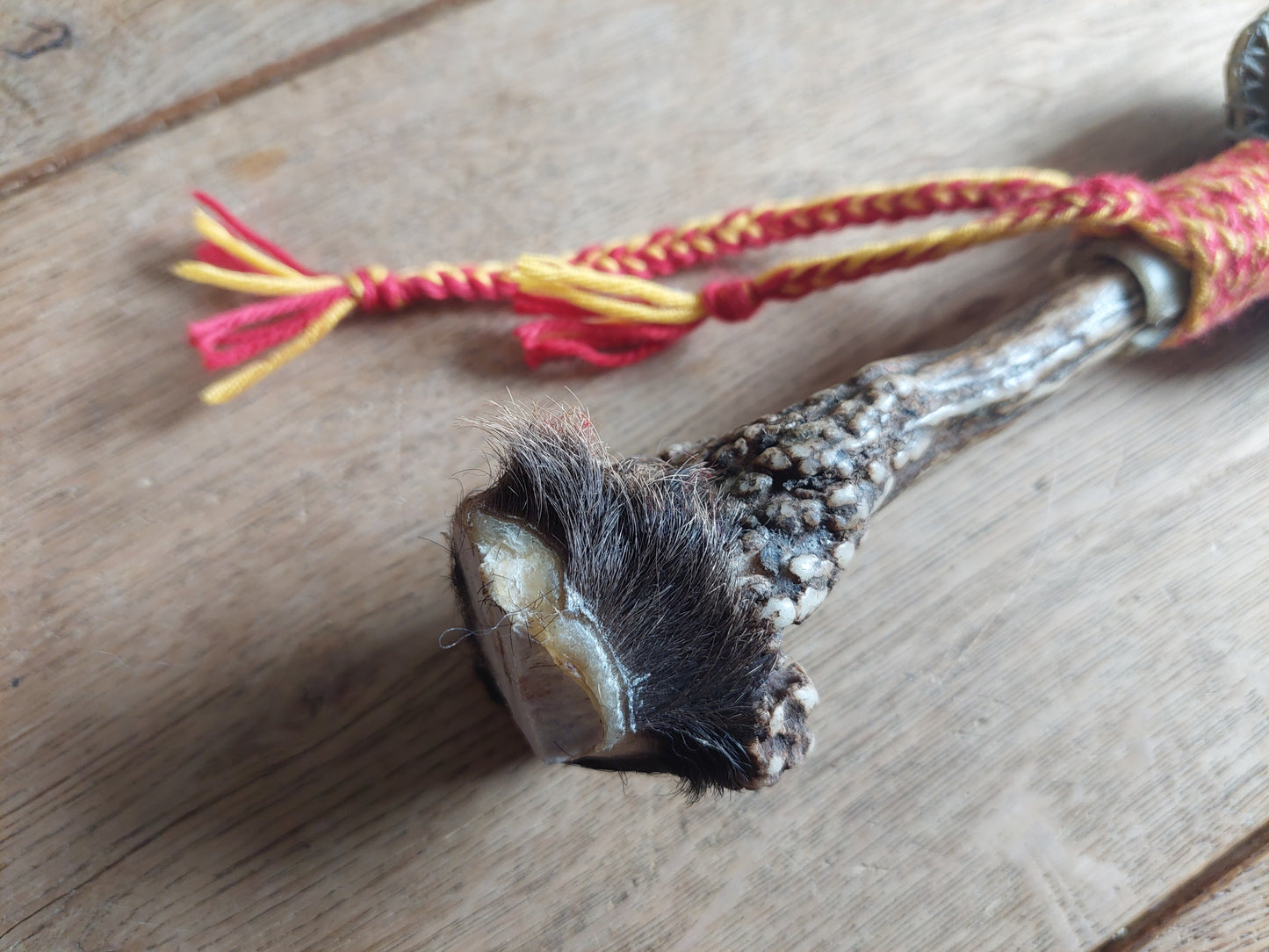 Yak hide and roe deer antler rattle
