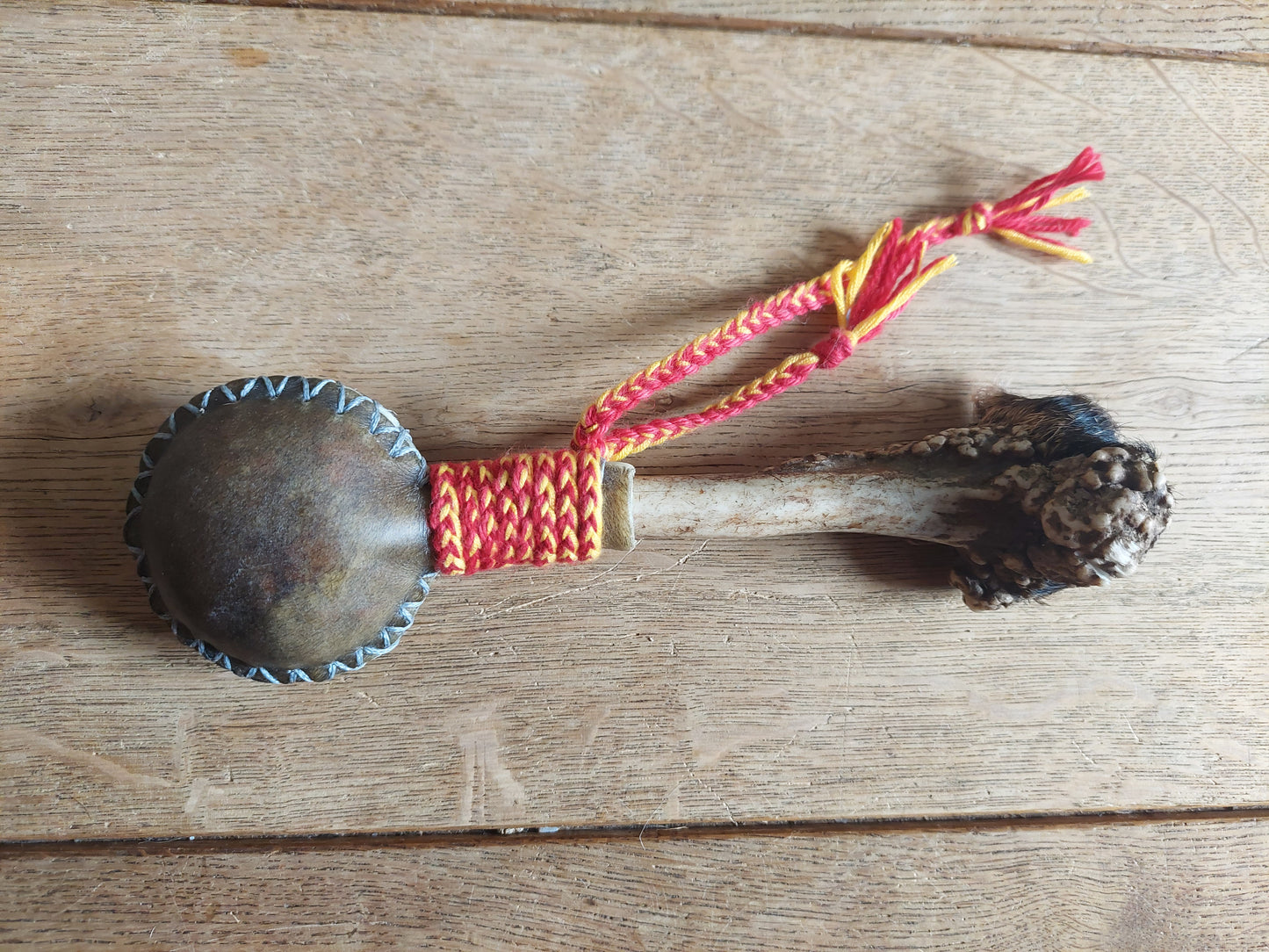 Yak hide and roe deer antler rattle