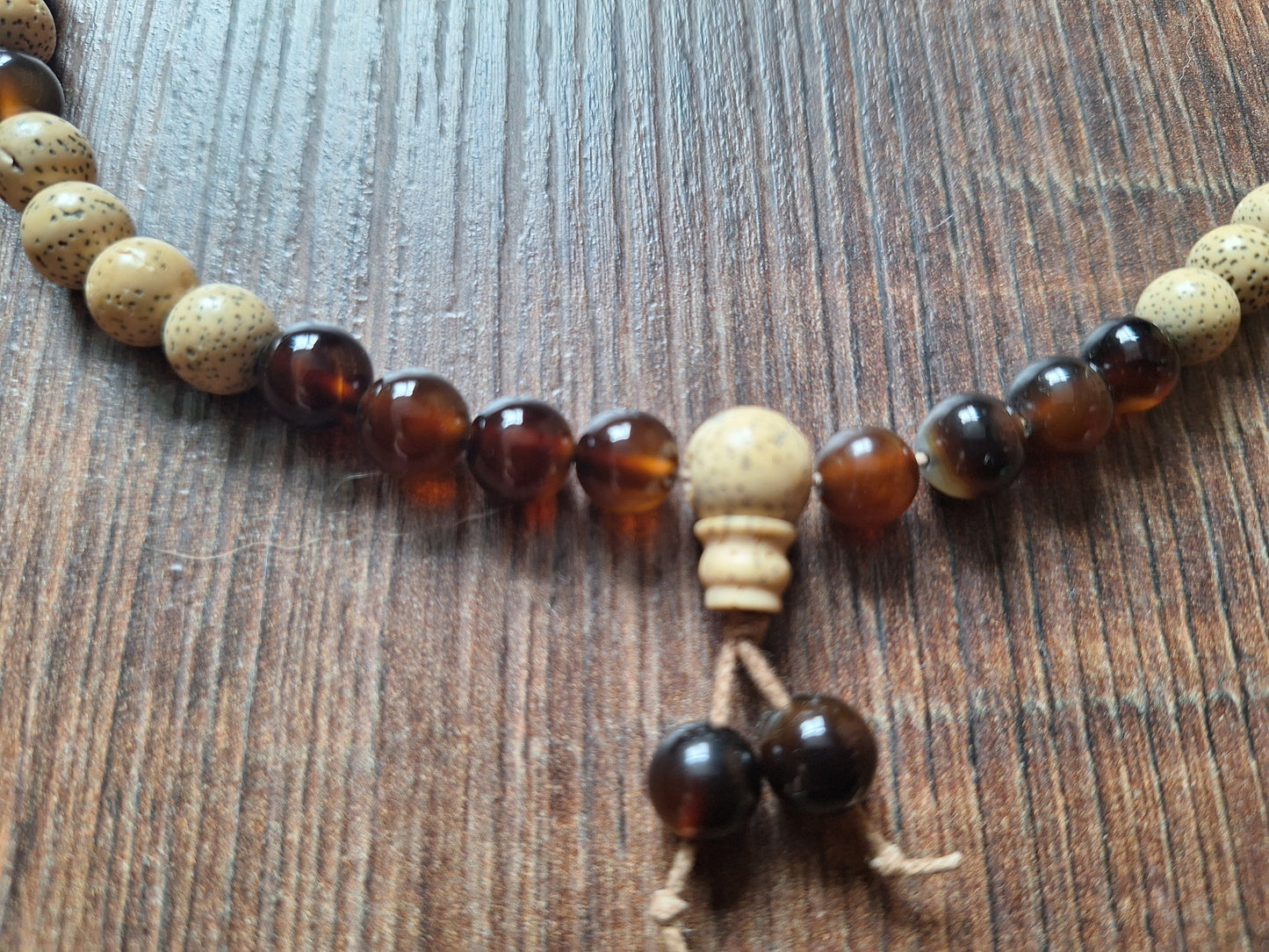 Vintage Tibetan moon and stars bodhi and brown agate mala