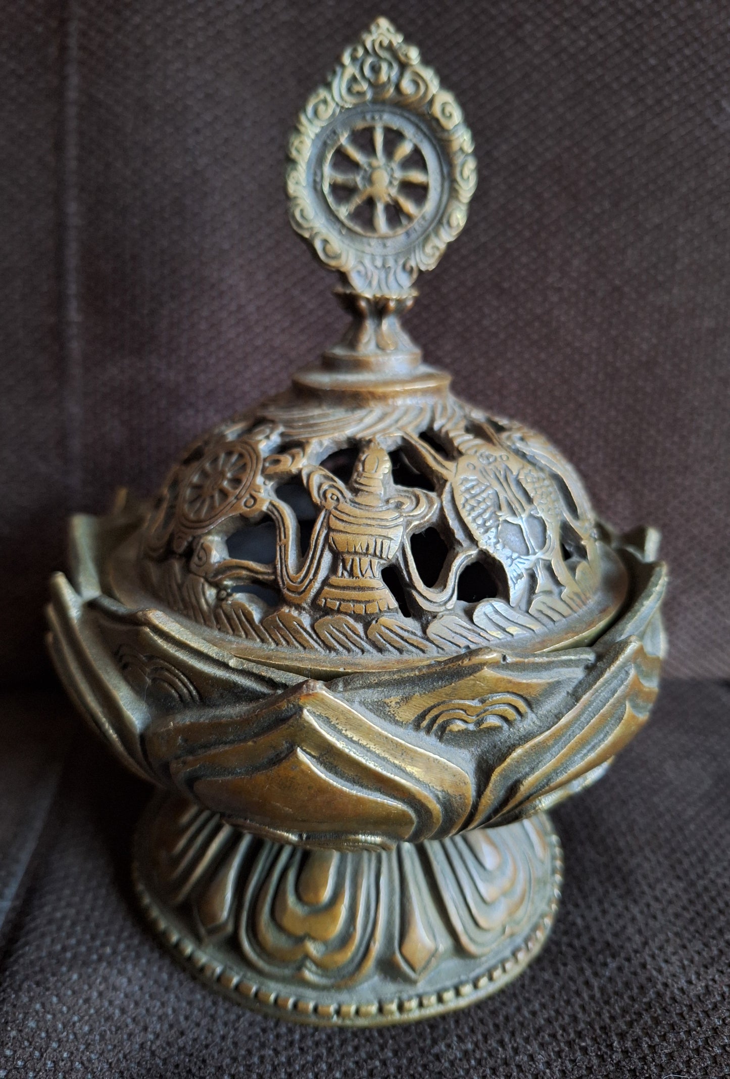 Vintage bronze incense burner Dharma Wheel