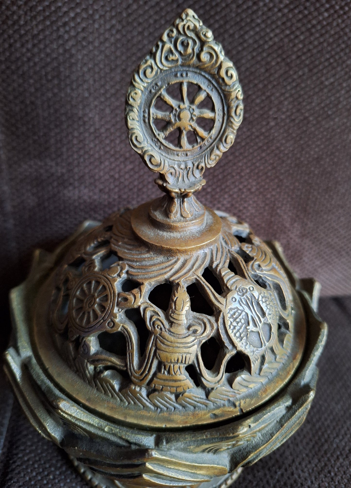Vintage bronze incense burner Dharma Wheel