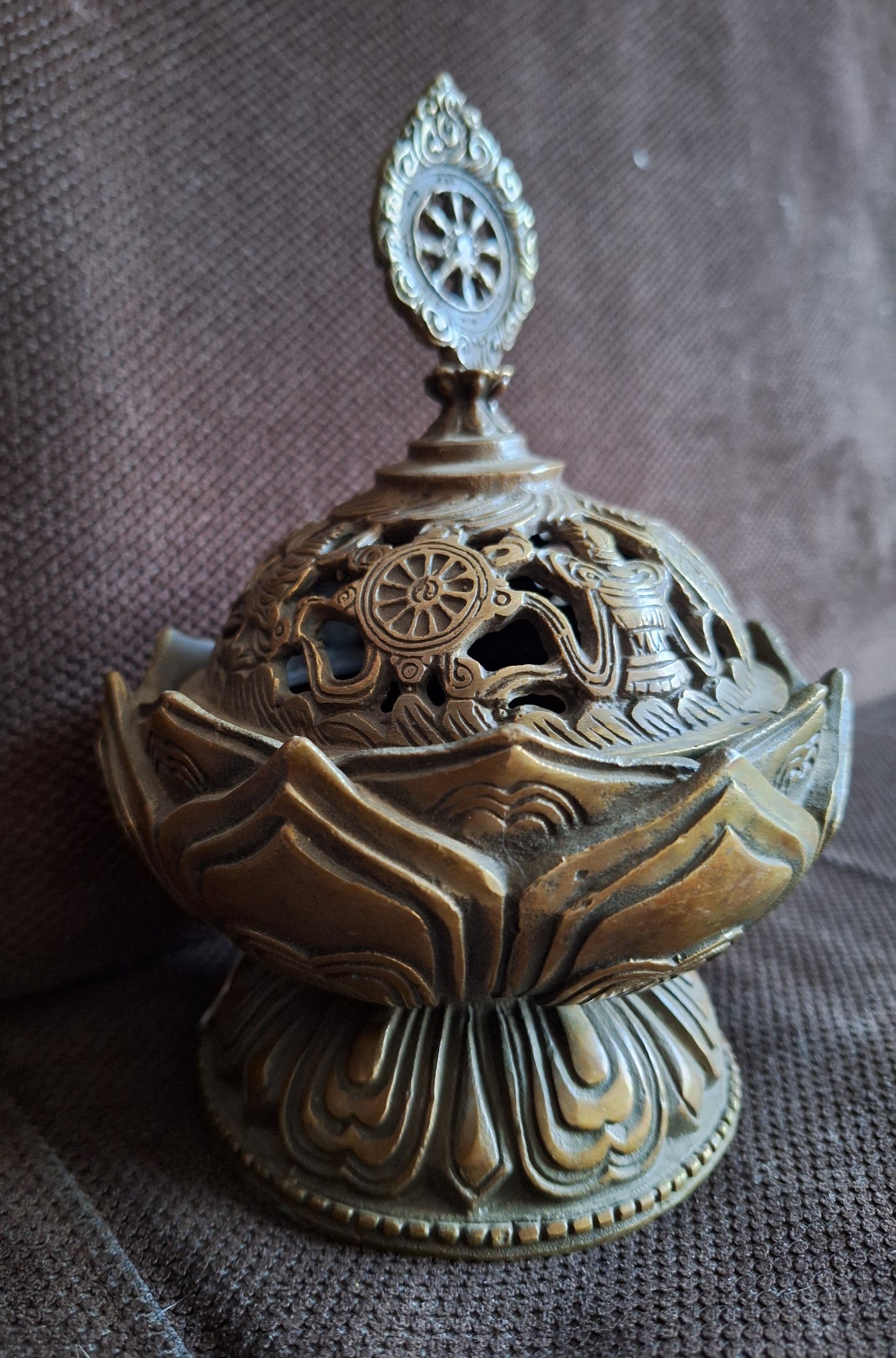 Vintage bronze incense burner Dharma Wheel