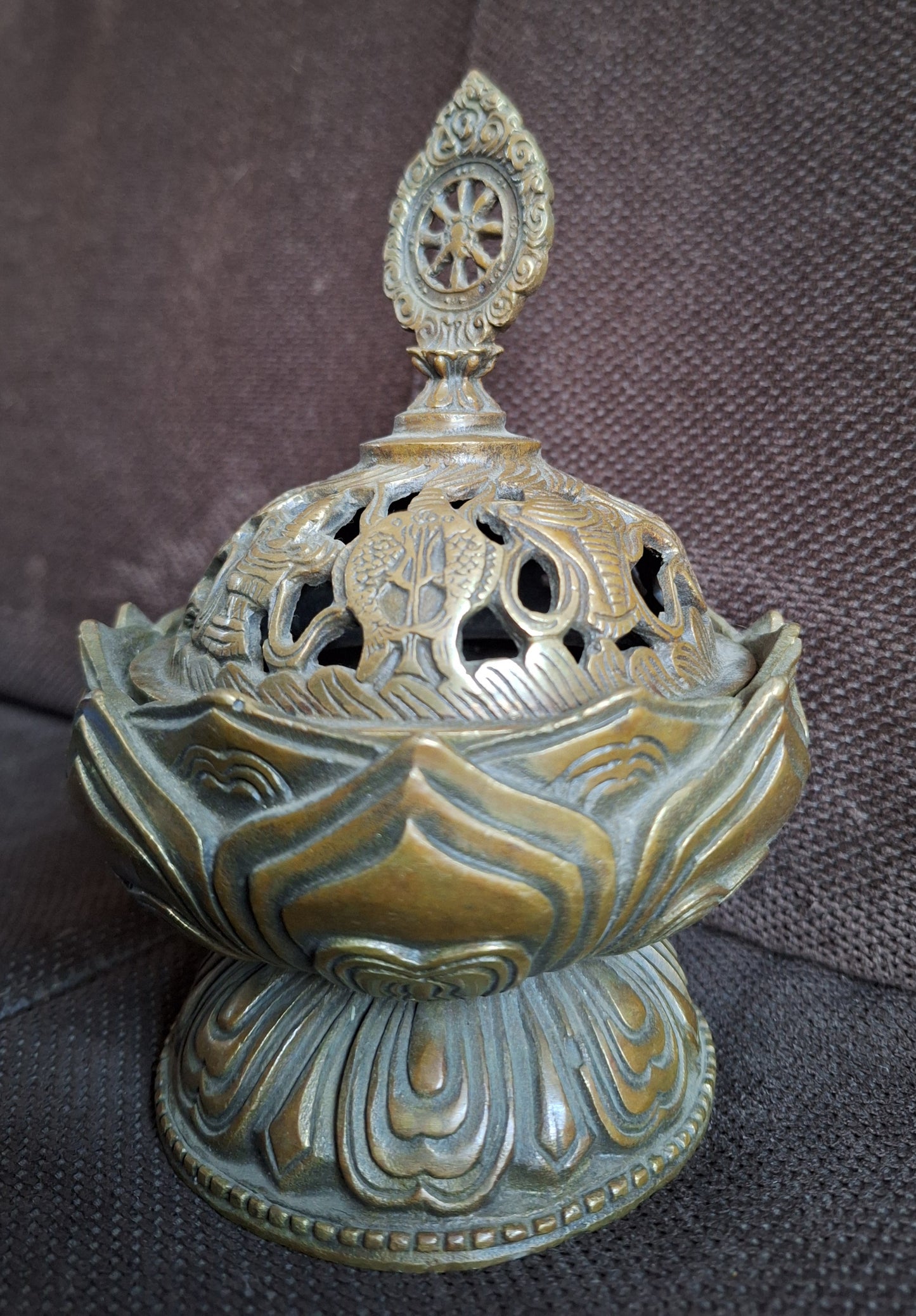 Vintage bronze incense burner Dharma Wheel
