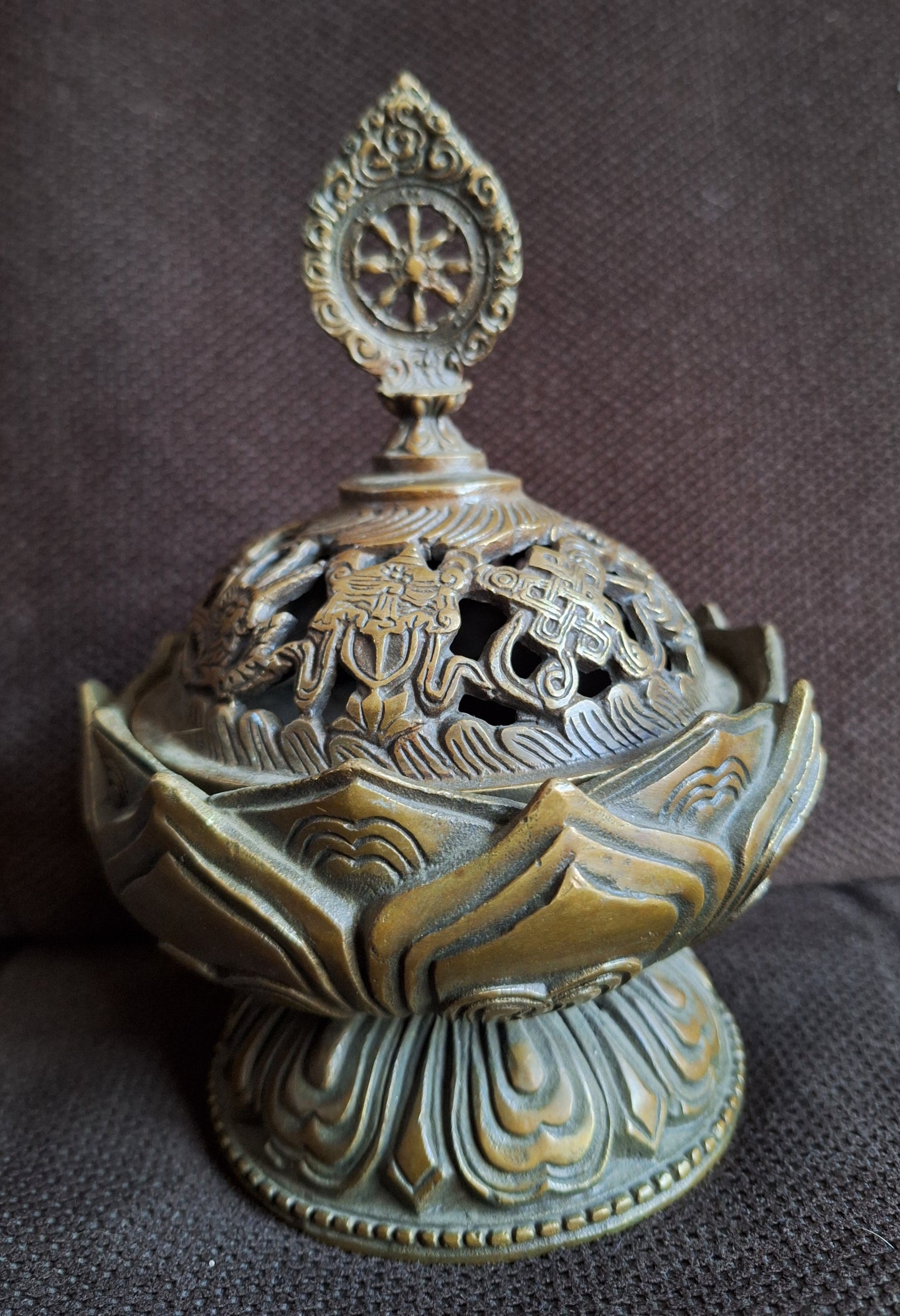 Vintage bronze incense burner Dharma Wheel