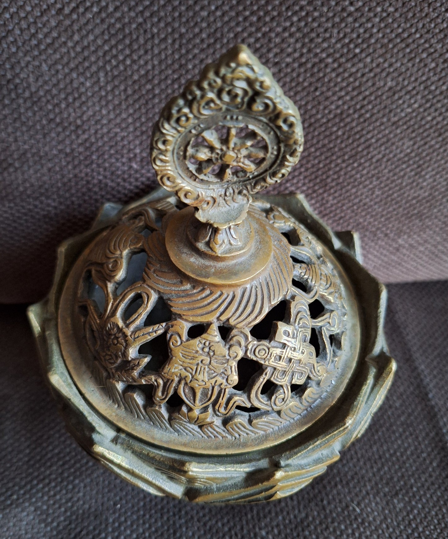 Vintage bronze incense burner Dharma Wheel