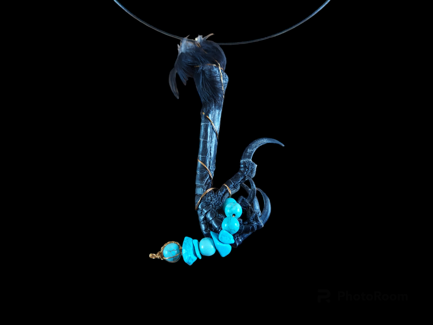Crow claw and turquoise beads amulet necklace