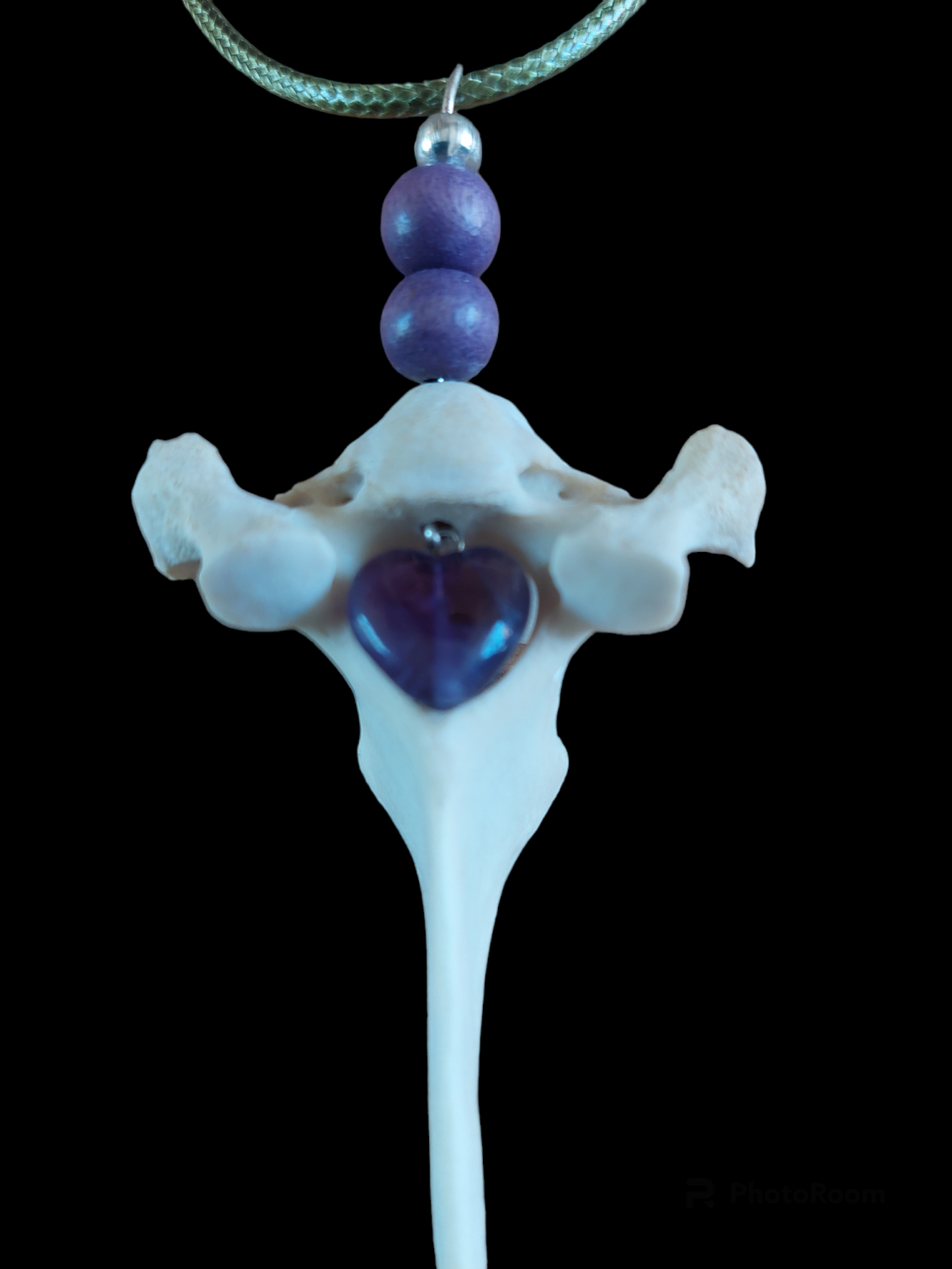 Roe deer vertebra and amethyst amulet necklace