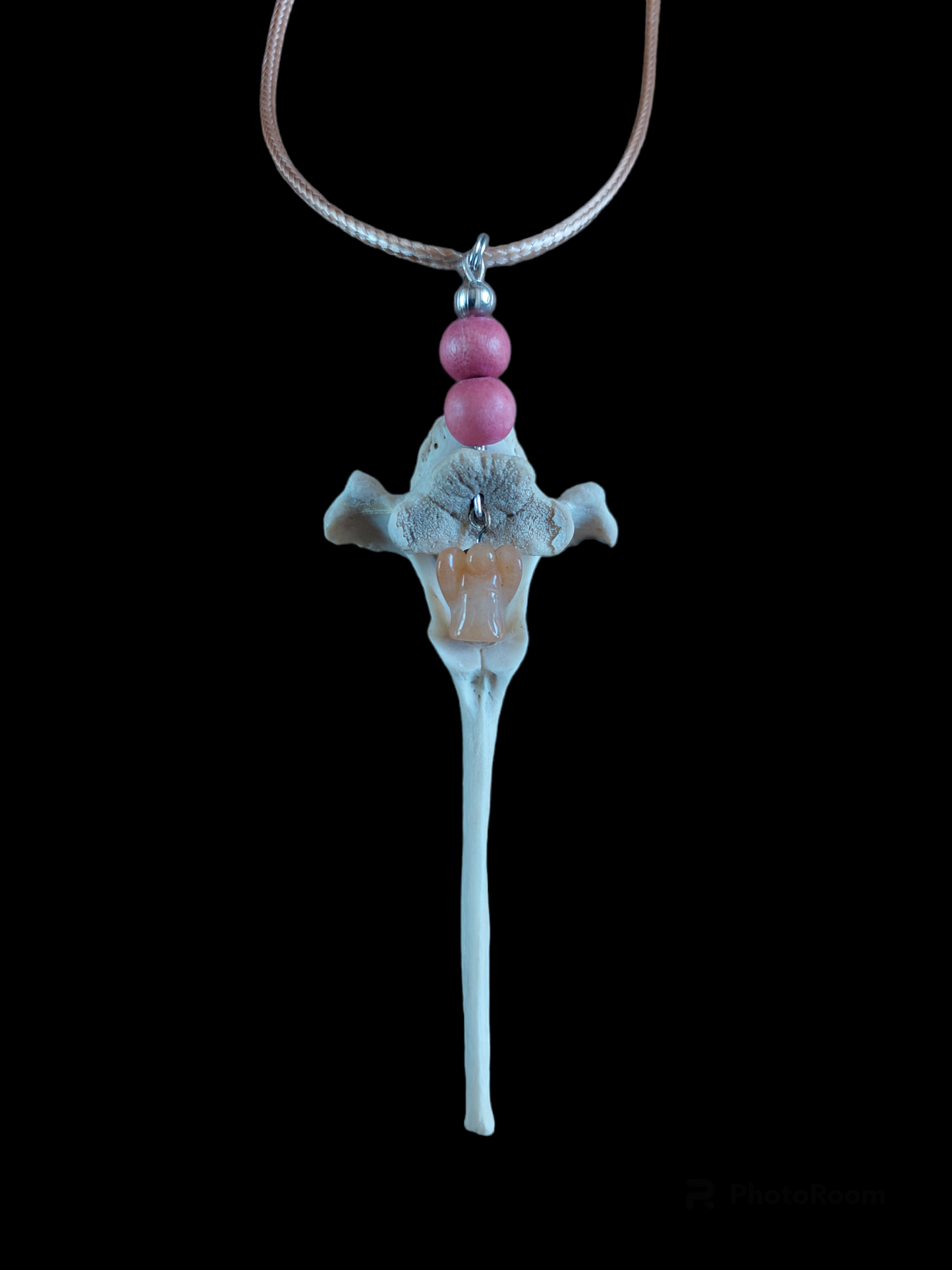 Roe deer vertebra and rose quartz angel amulet necklace