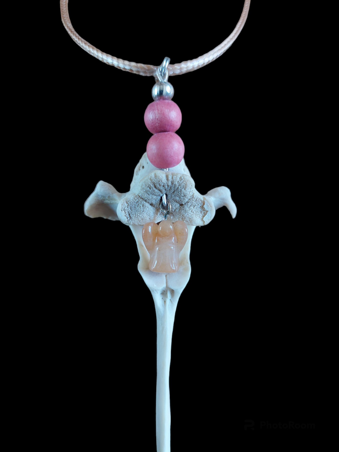 Roe deer vertebra and rose quartz angel amulet necklace