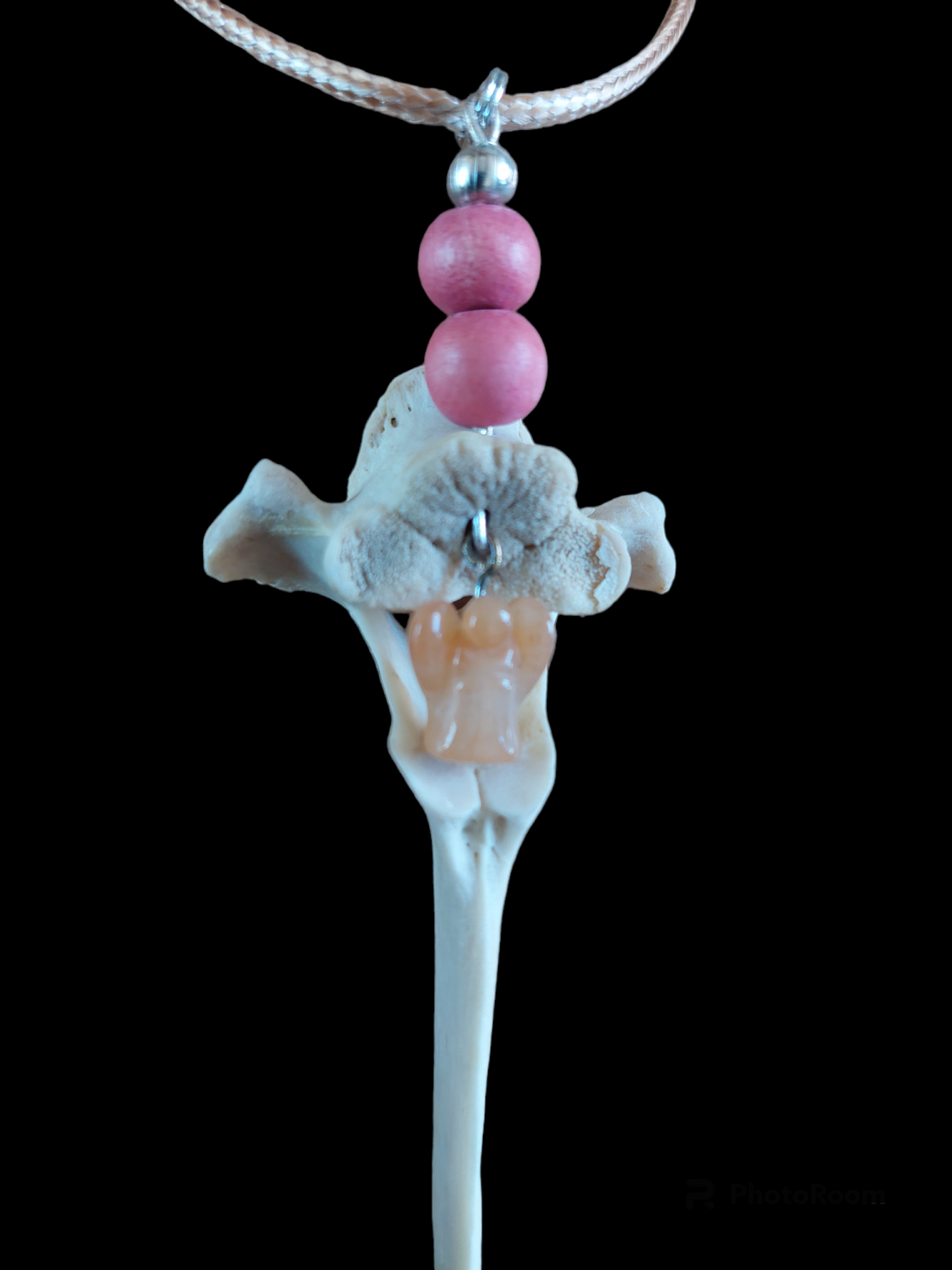 Roe deer vertebra and rose quartz angel amulet necklace