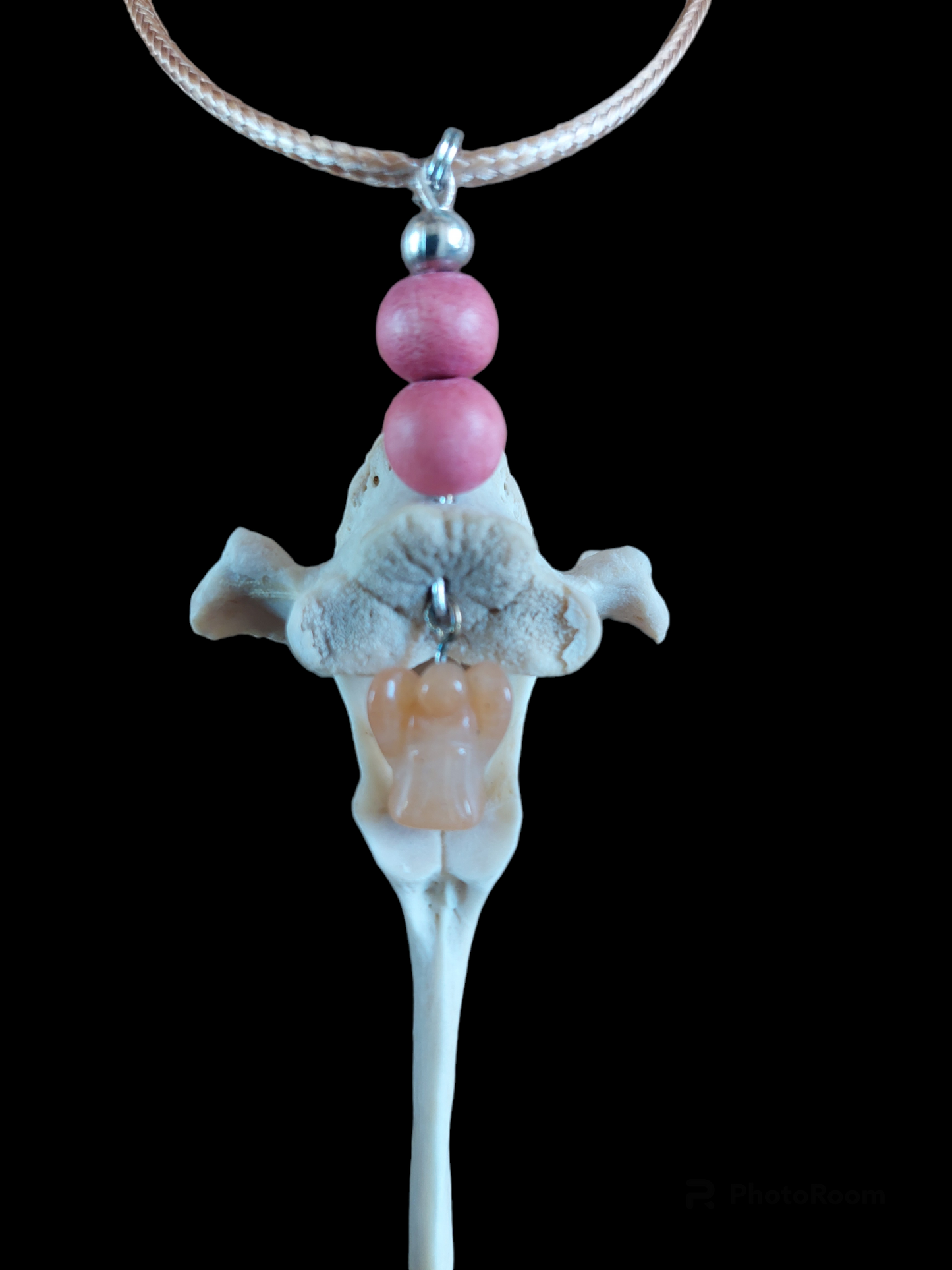 Roe deer vertebra and rose quartz angel amulet necklace