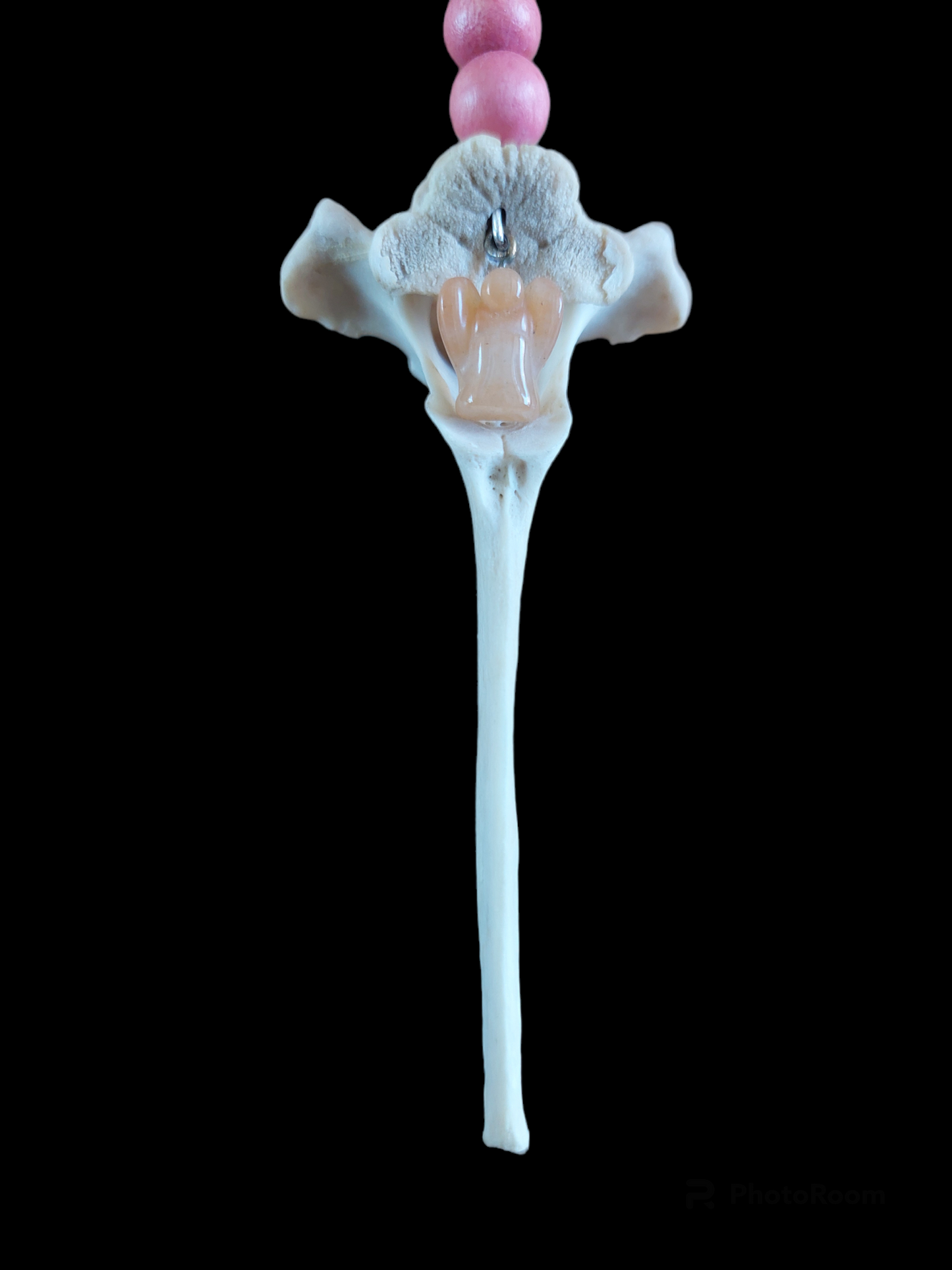 Roe deer vertebra and rose quartz angel amulet necklace