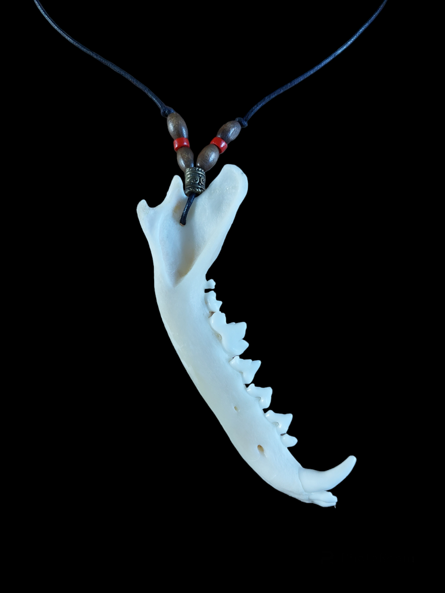 Fox jaw bone and wooden beads amulet necklace