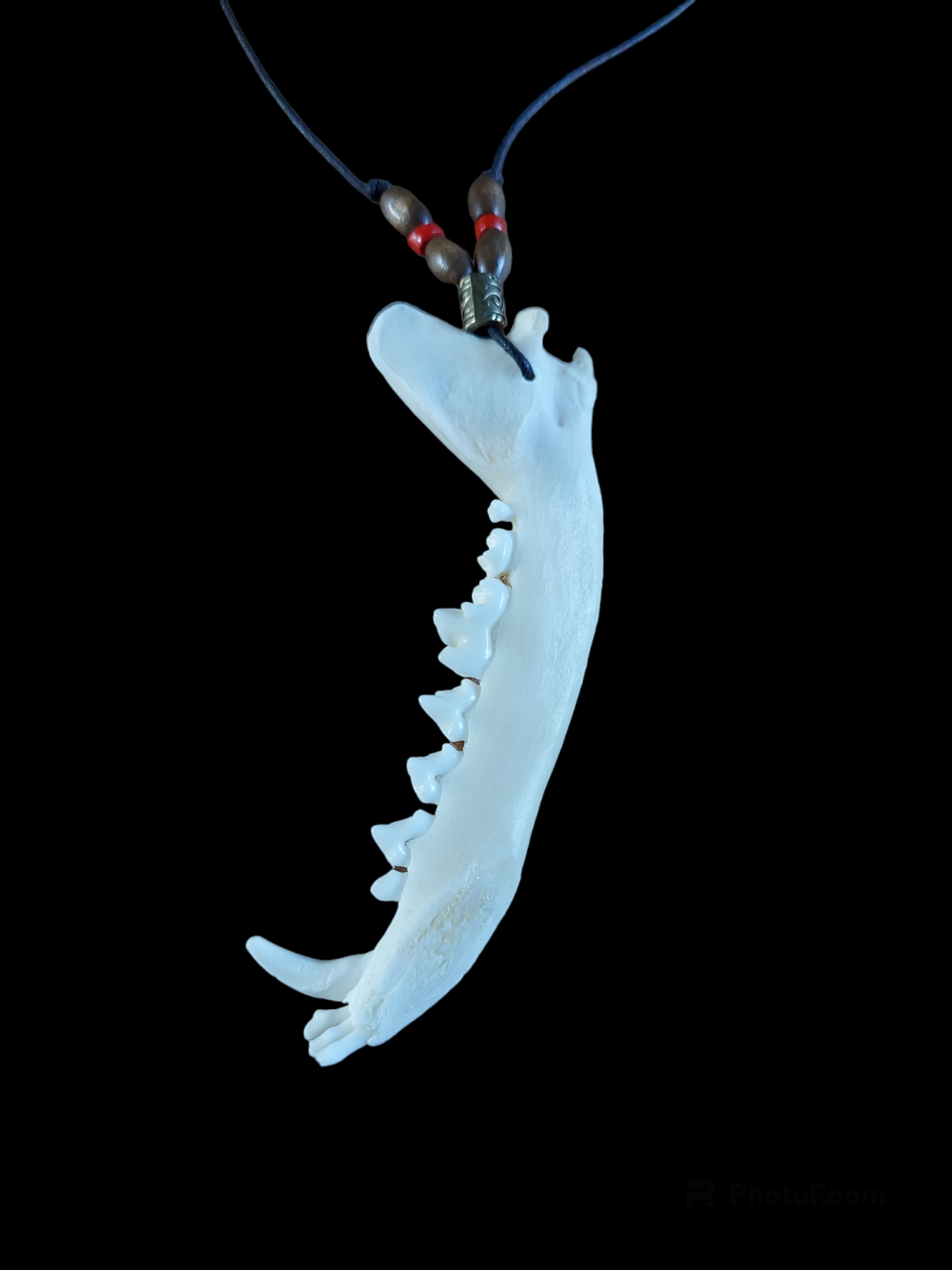 Fox jaw bone and wooden beads amulet necklace