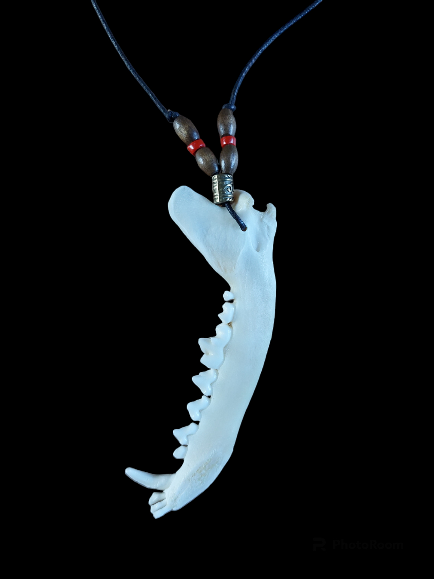 Fox jaw bone and wooden beads amulet necklace