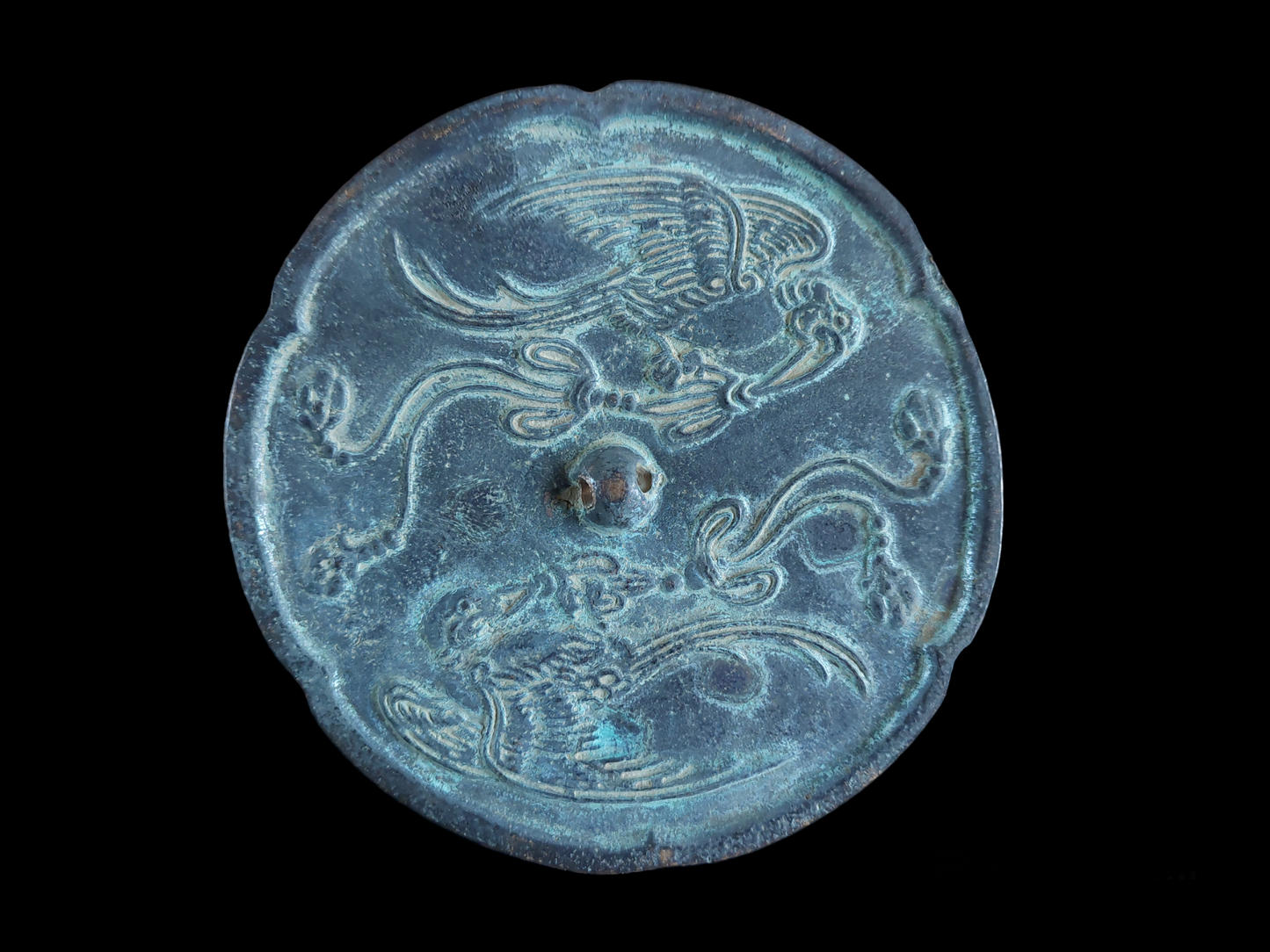 Antique Chinese bronze shamanic mirror Hummingbirds 135 millimeters