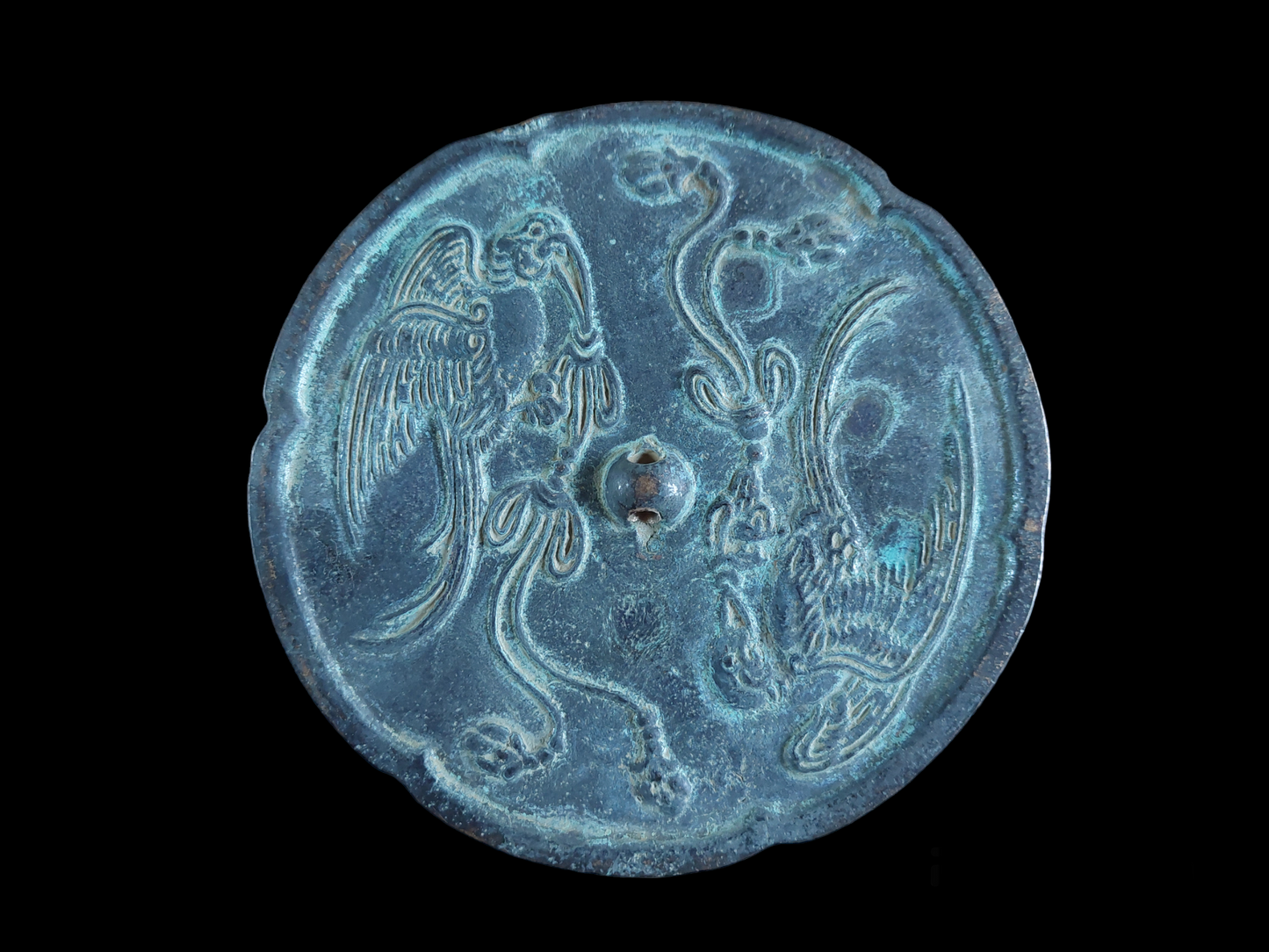 Antique Chinese bronze shamanic mirror Hummingbirds 135 millimeters