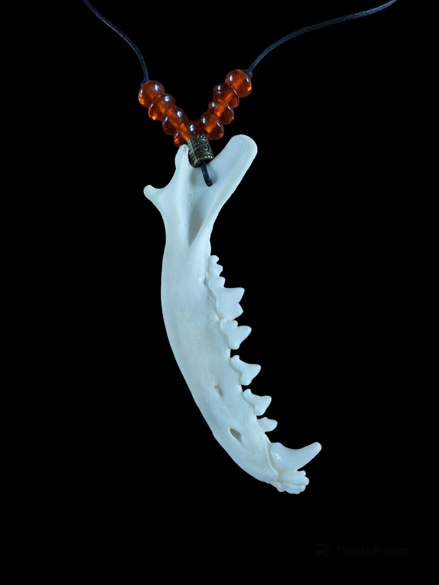 Fox jaw bone and glass beads amulet necklace