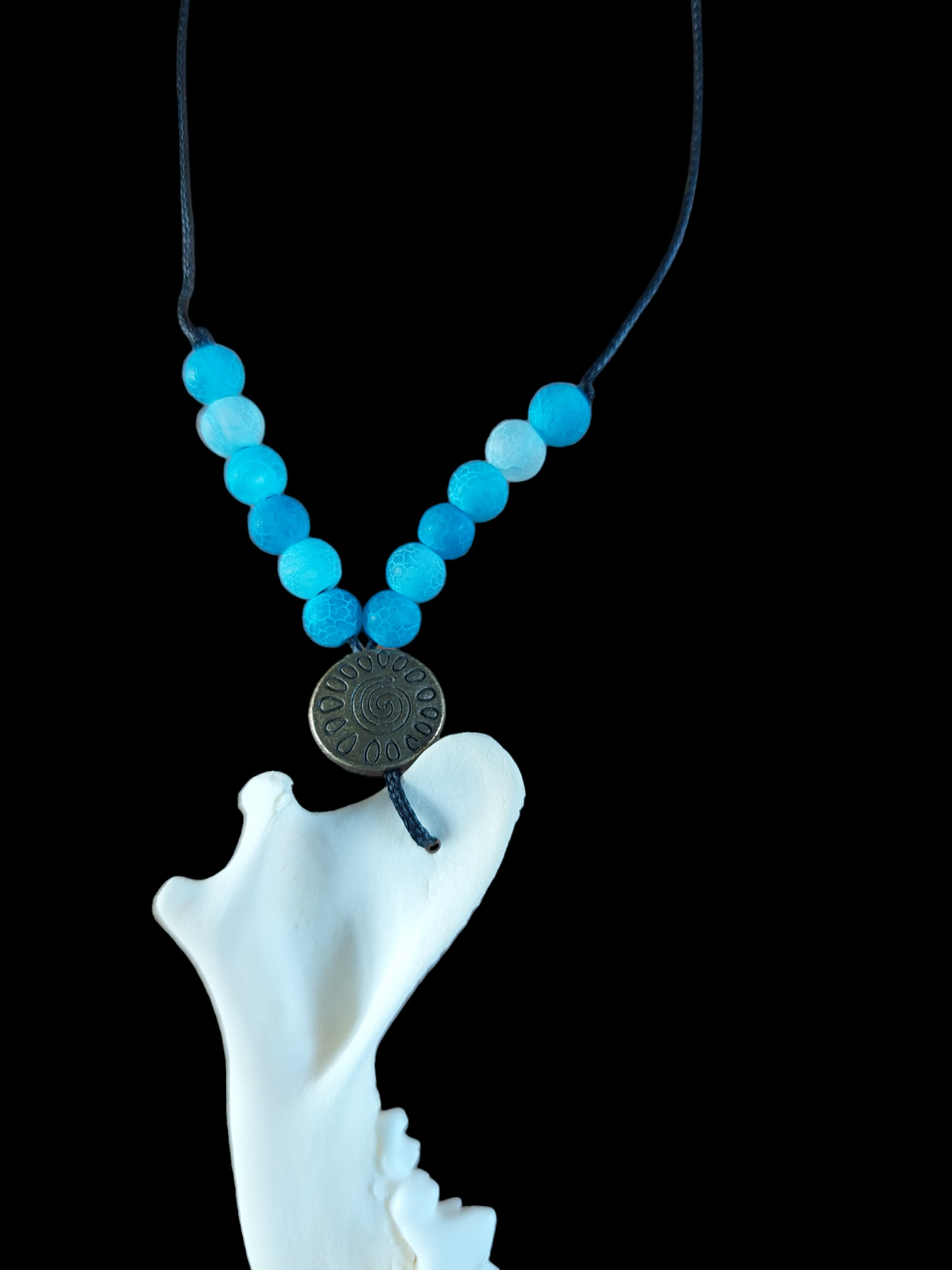 Fox jaw bone and blue agate amulet necklace
