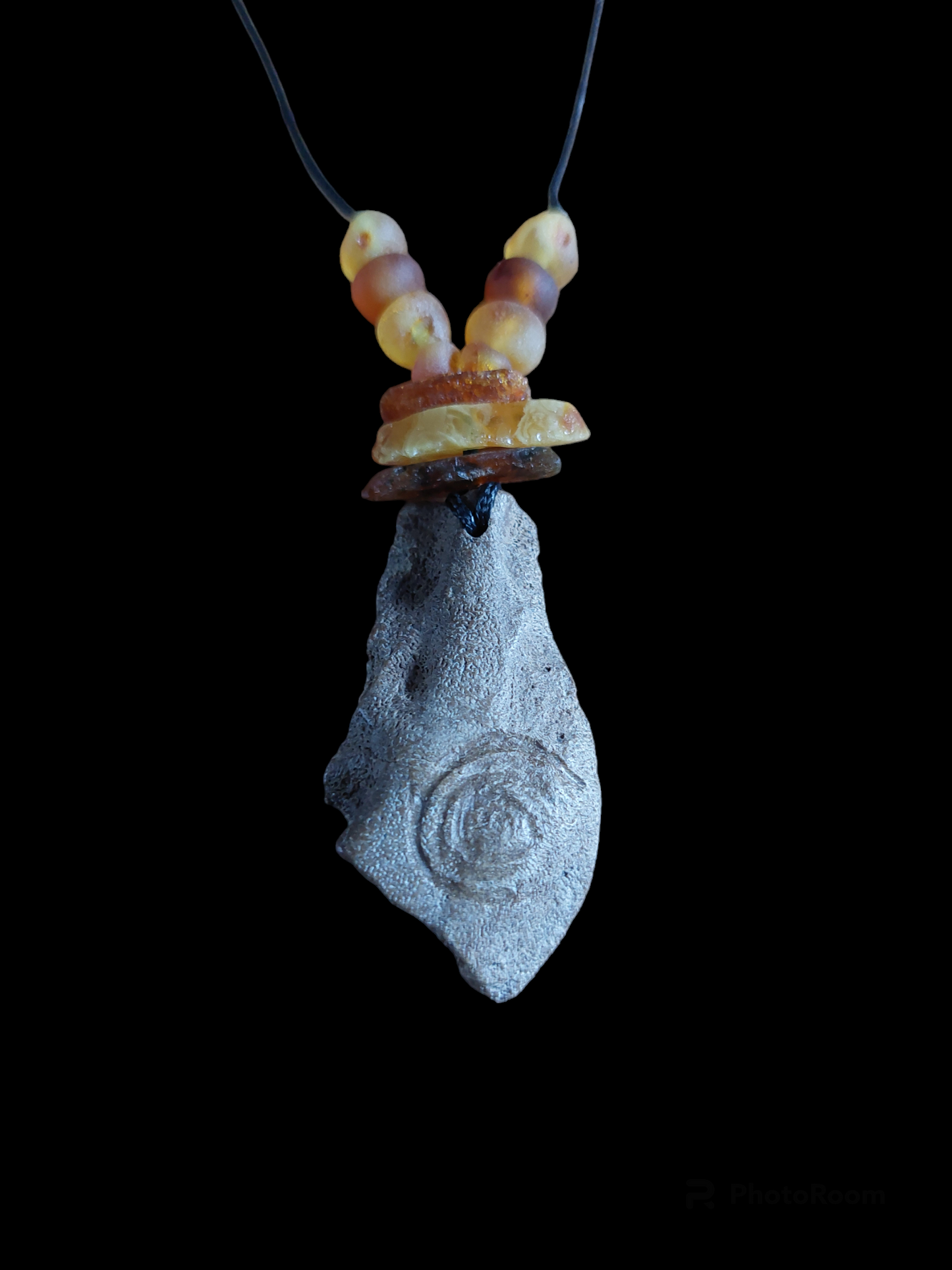 Engraved fossilized bone and amber amulet necklace #2