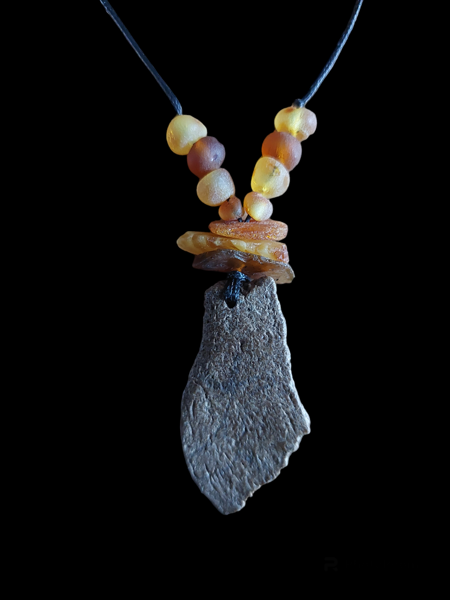 Engraved fossilized bone and amber amulet necklace #2