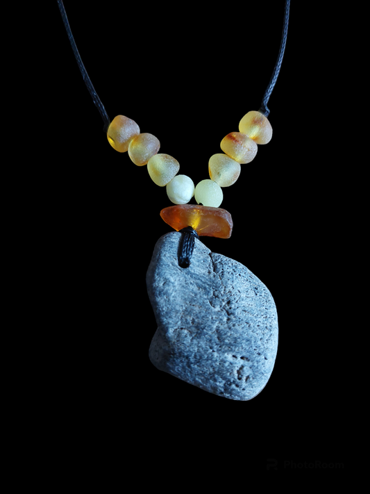 Fossilized bone and amber amulet necklace #3