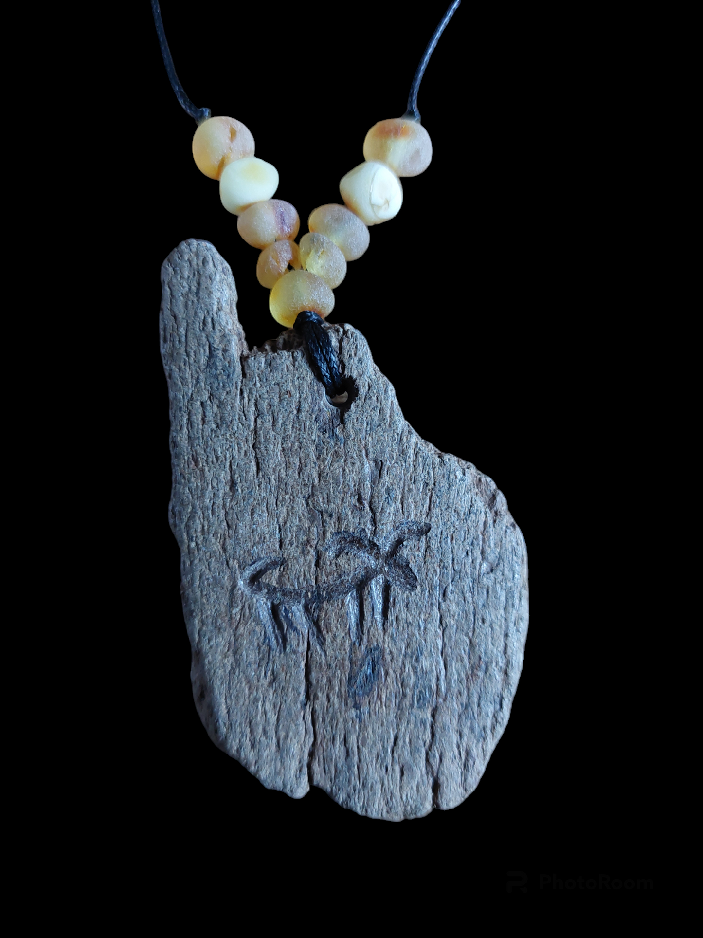 Engraved fossilized bone and amber amulet necklace #4