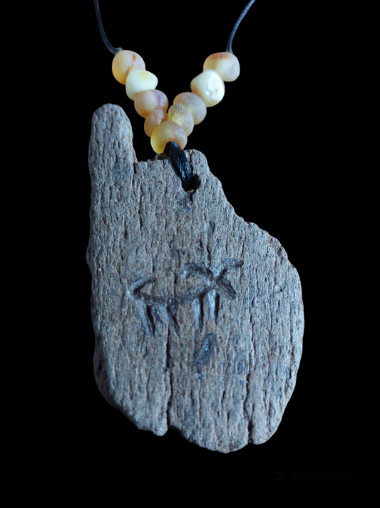 Engraved fossilized bone and amber amulet necklace #4