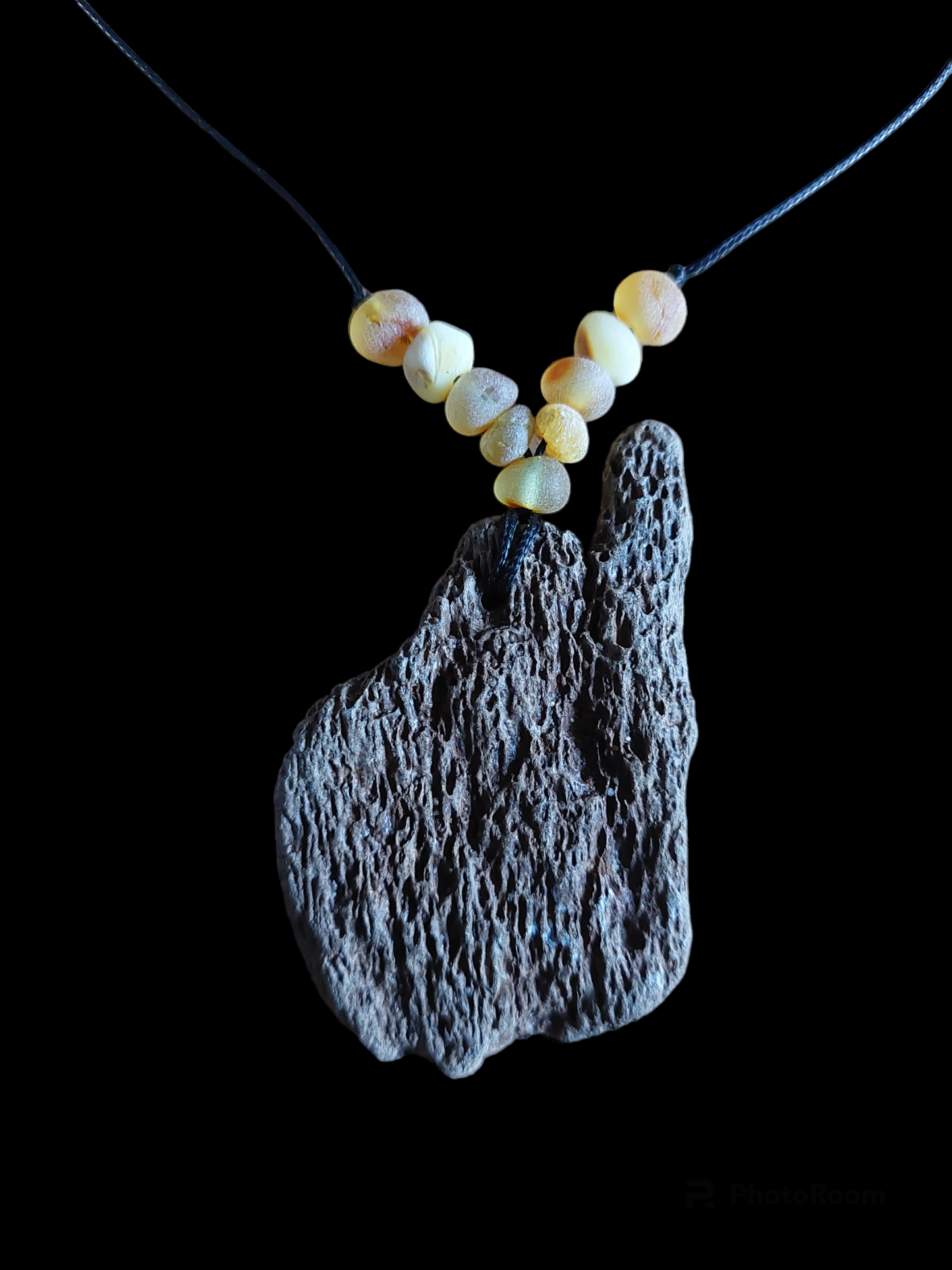 Engraved fossilized bone and amber amulet necklace #4