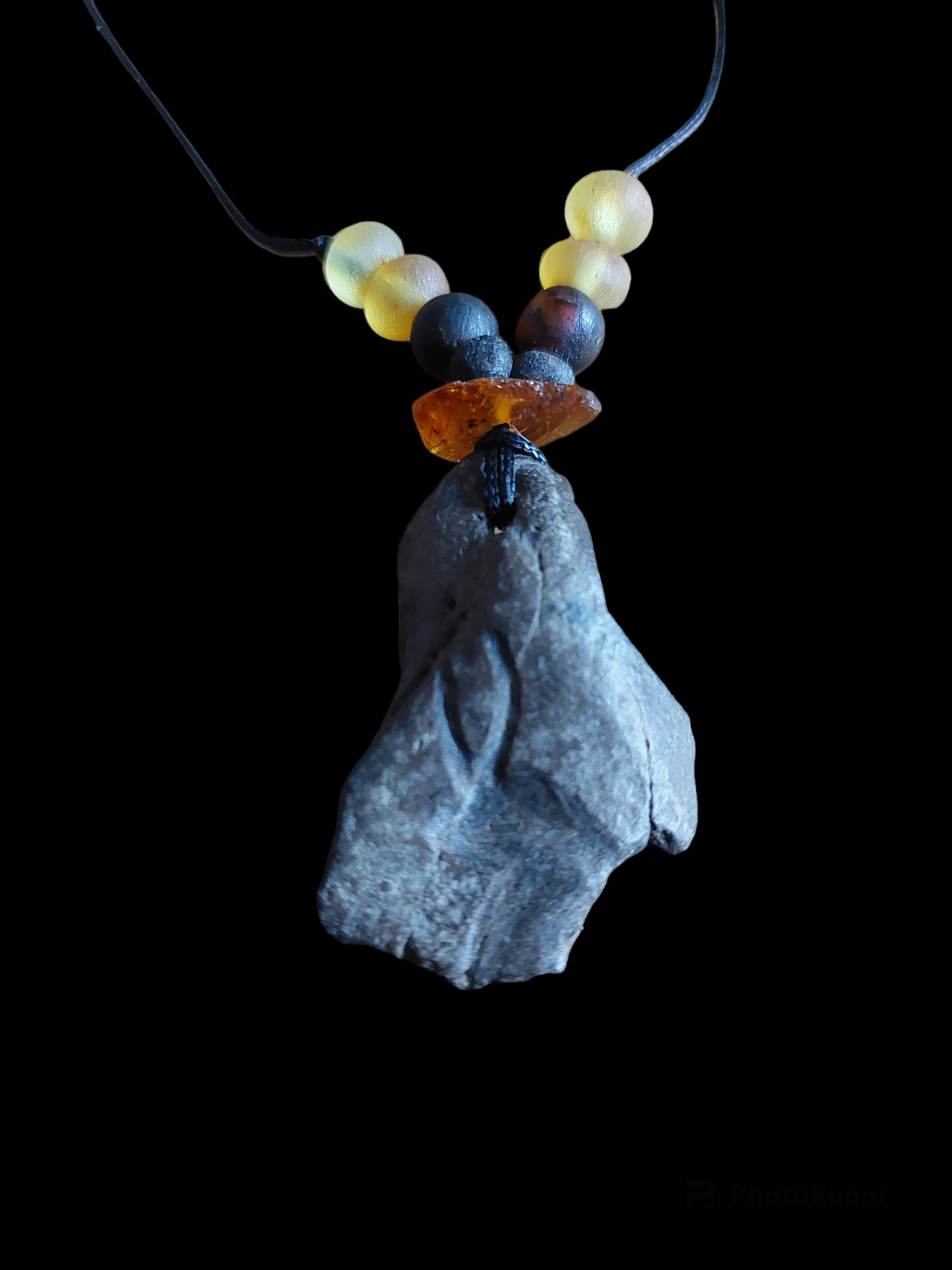 Engraved fossilized bone and amber amulet necklace #5