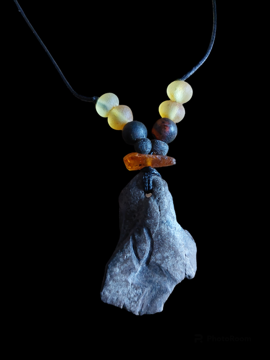 Engraved fossilized bone and amber amulet necklace #5