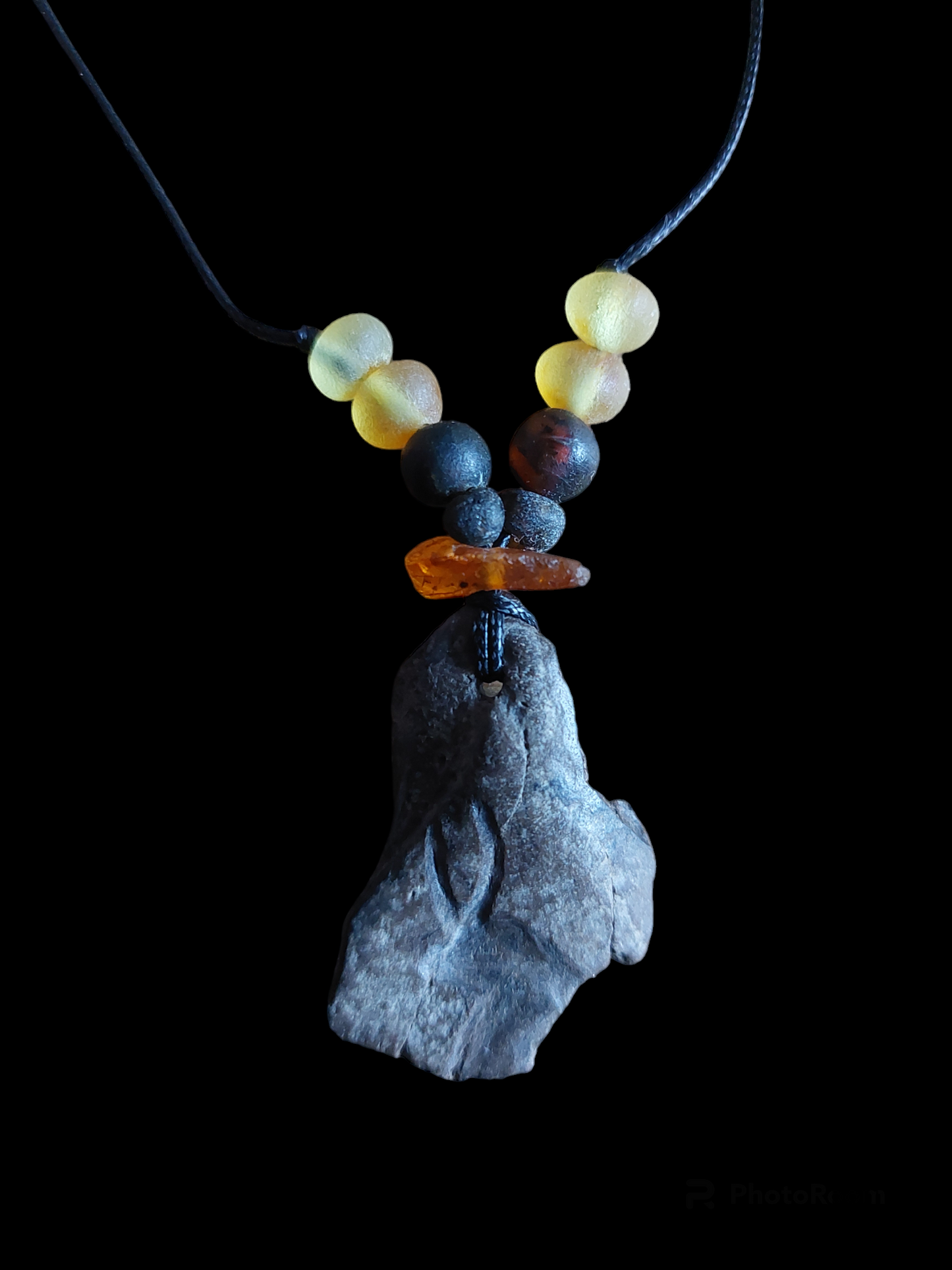 Engraved fossilized bone and amber amulet necklace #5