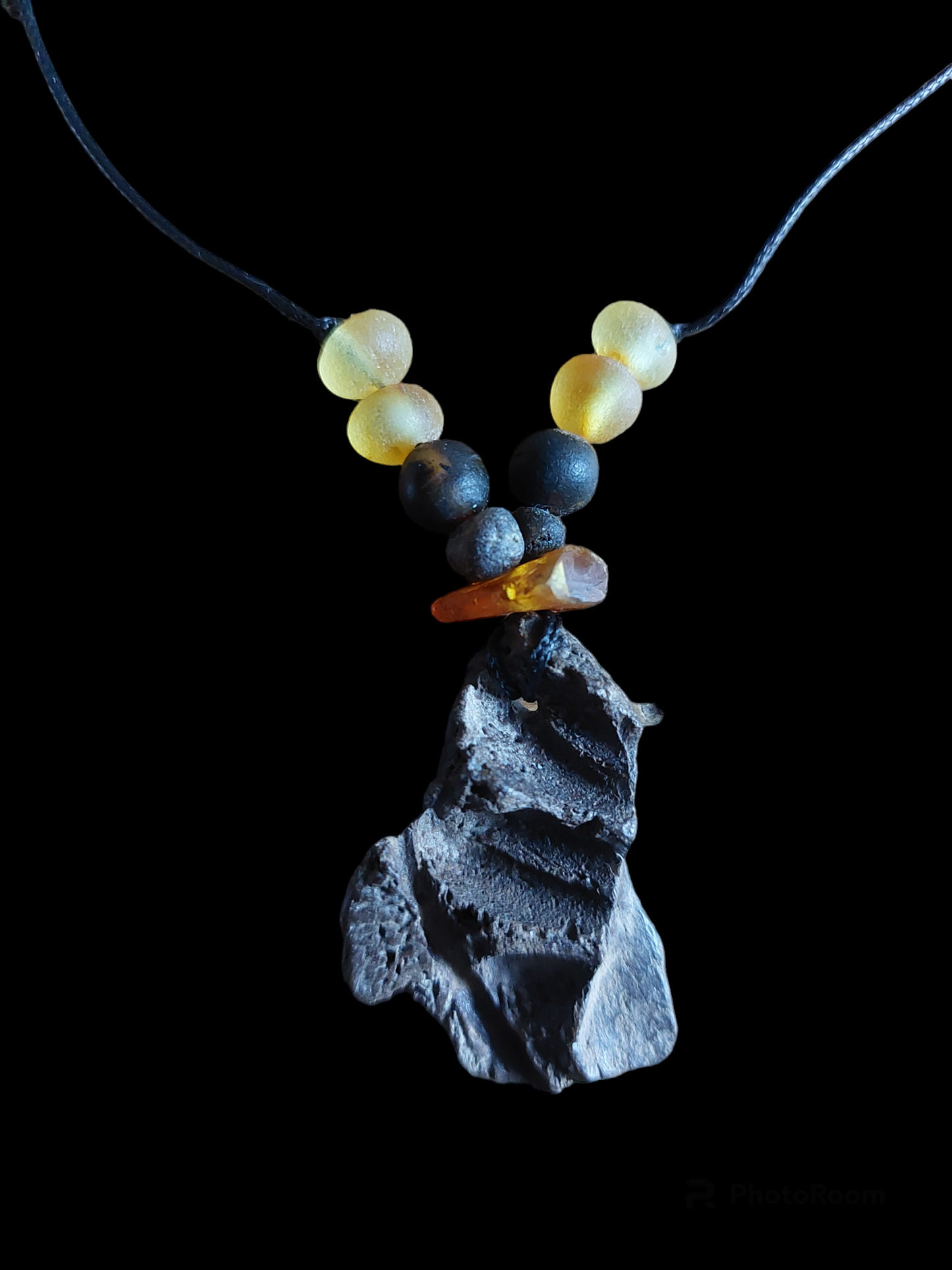 Engraved fossilized bone and amber amulet necklace #5