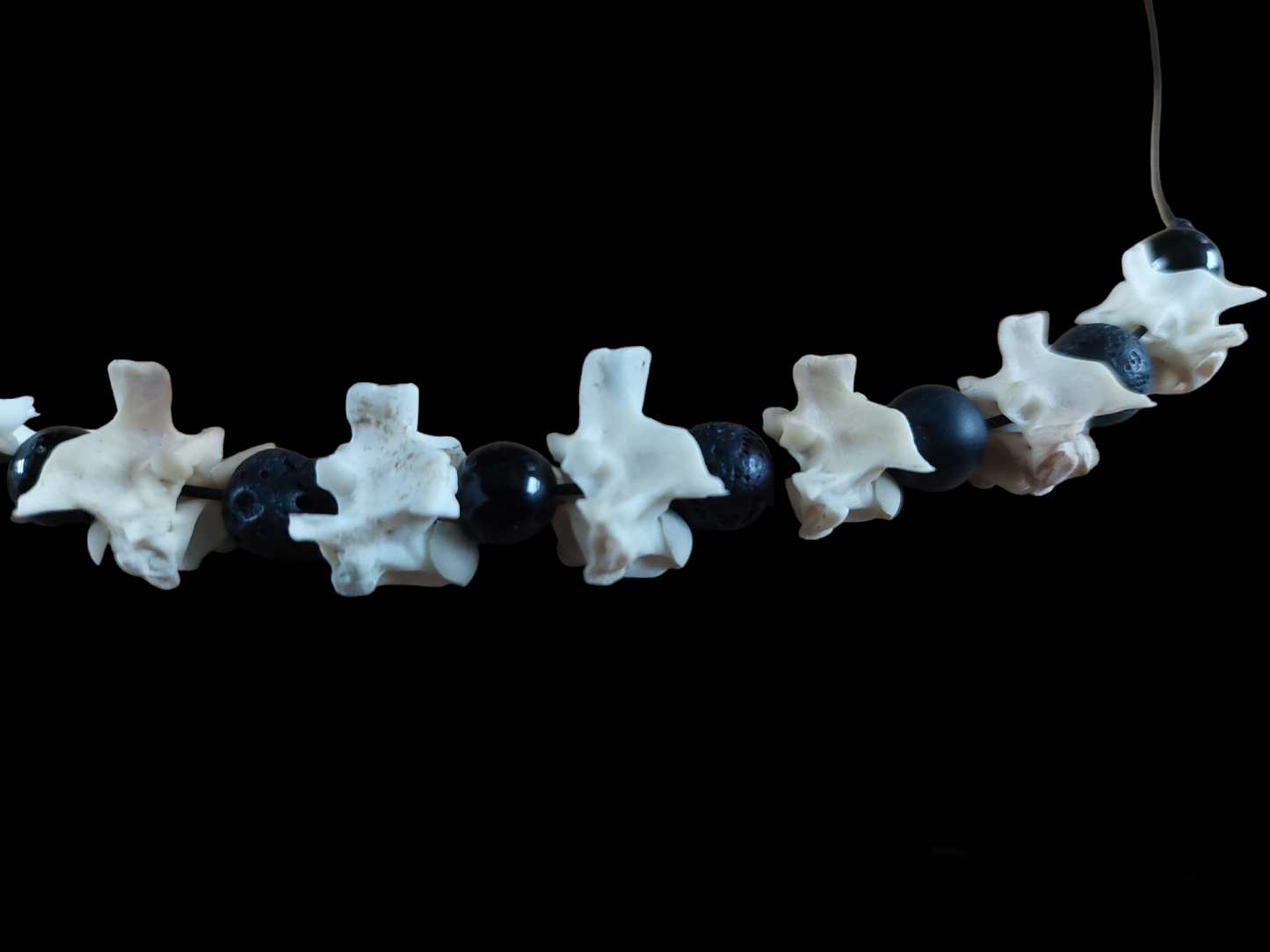 Grass snake vertebrae with obsidian and lava stone amulet necklace