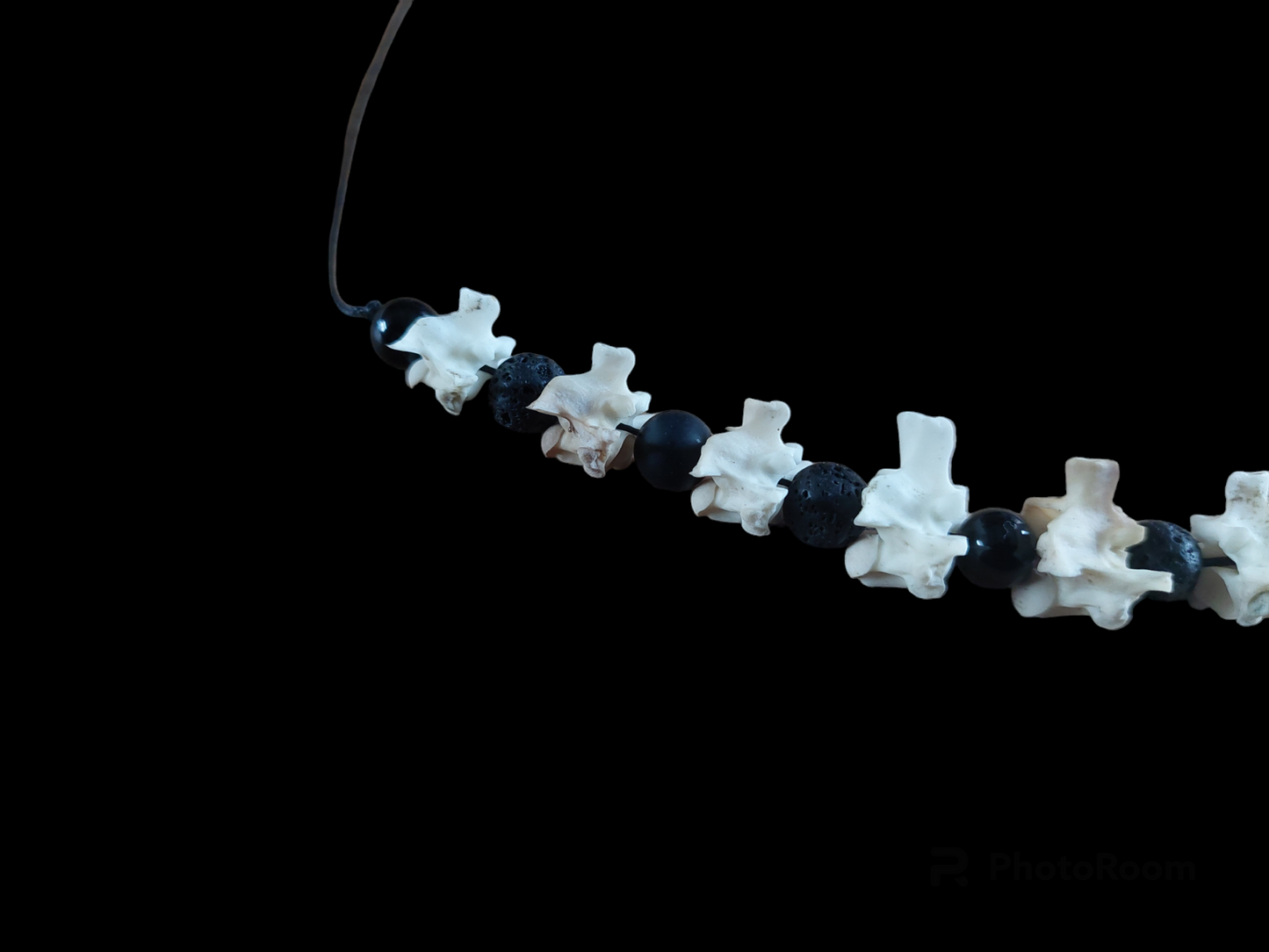 Grass snake vertebrae with obsidian and lava stone amulet necklace