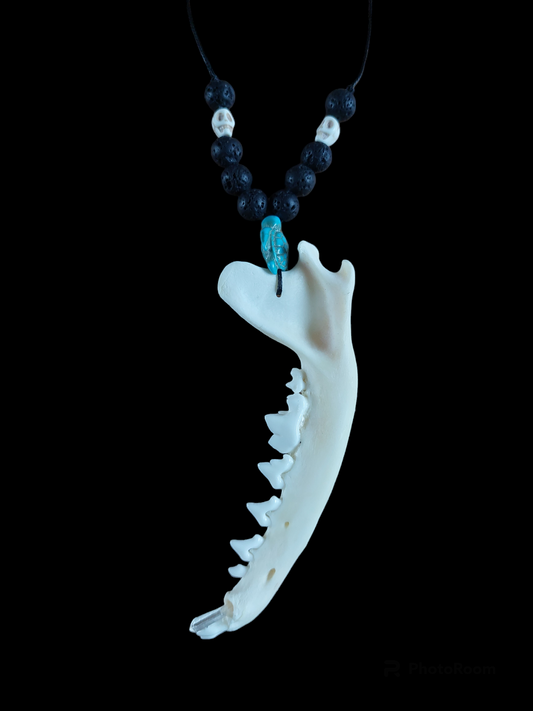Fox jaw bone with crystal and lava stone amulet necklace