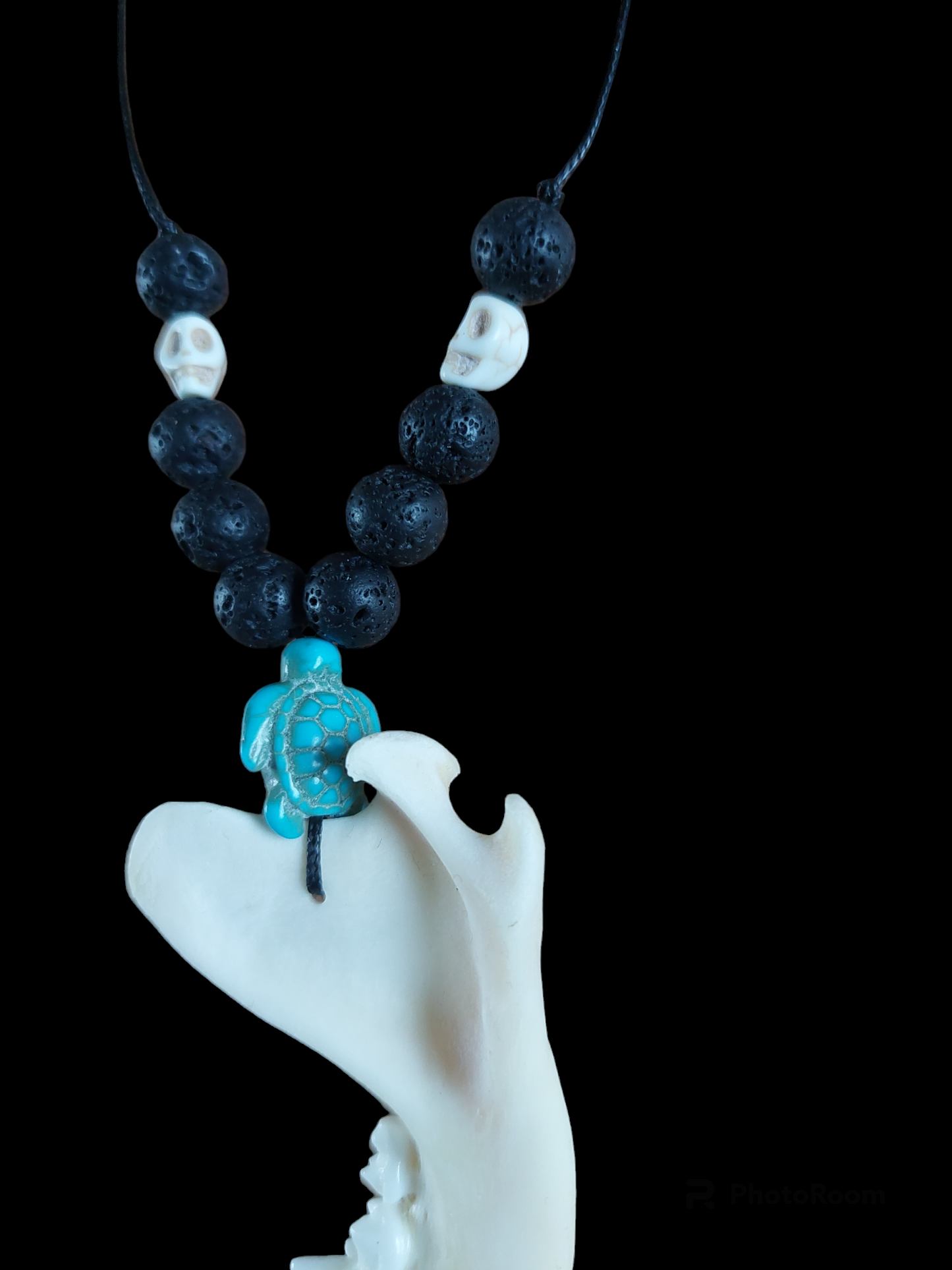 Fox jaw bone with crystal and lava stone amulet necklace