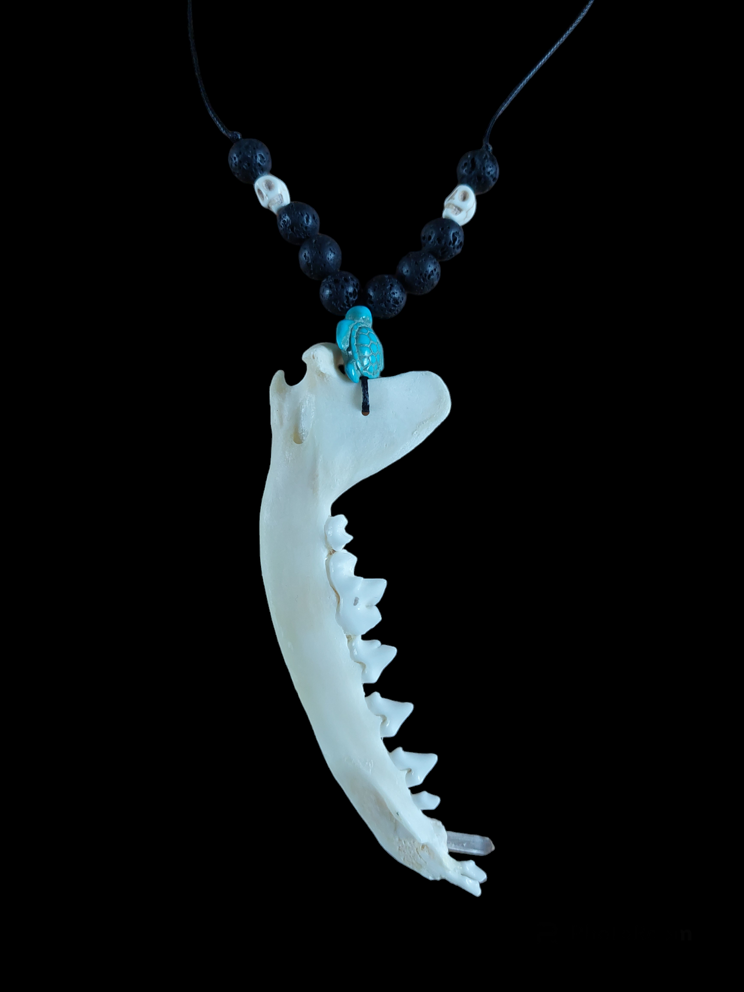 Fox jaw bone with crystal and lava stone amulet necklace