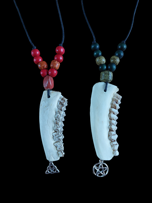 Roe deer jaw bone and pendant amulet necklaces