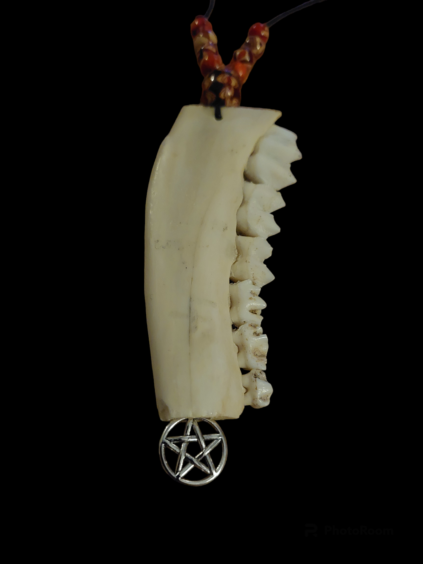 Red deer jaw bone and pentagram pendant amulet necklace